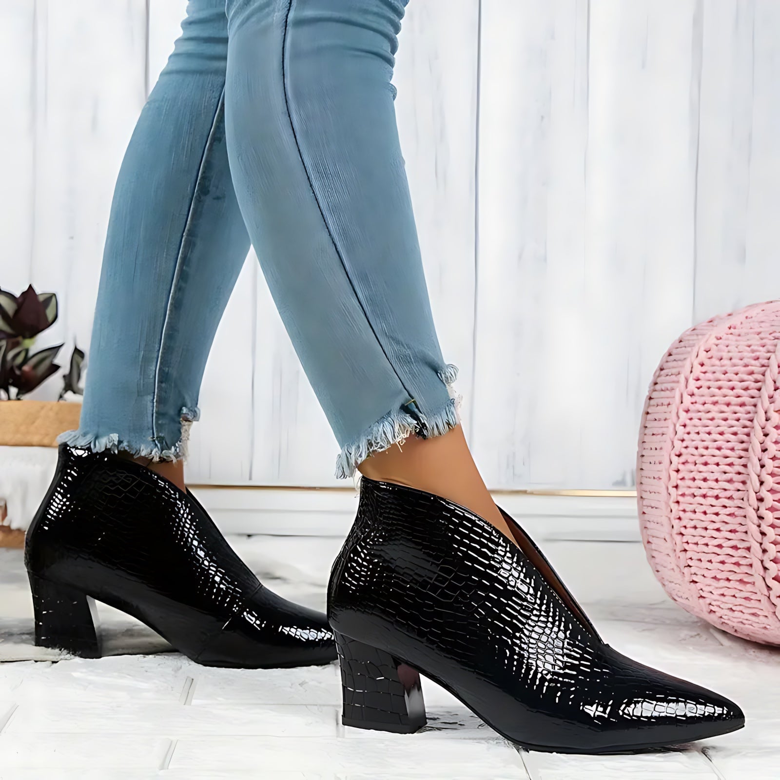 Magnolia – Snake Embossed Block Heel Ankle Boots