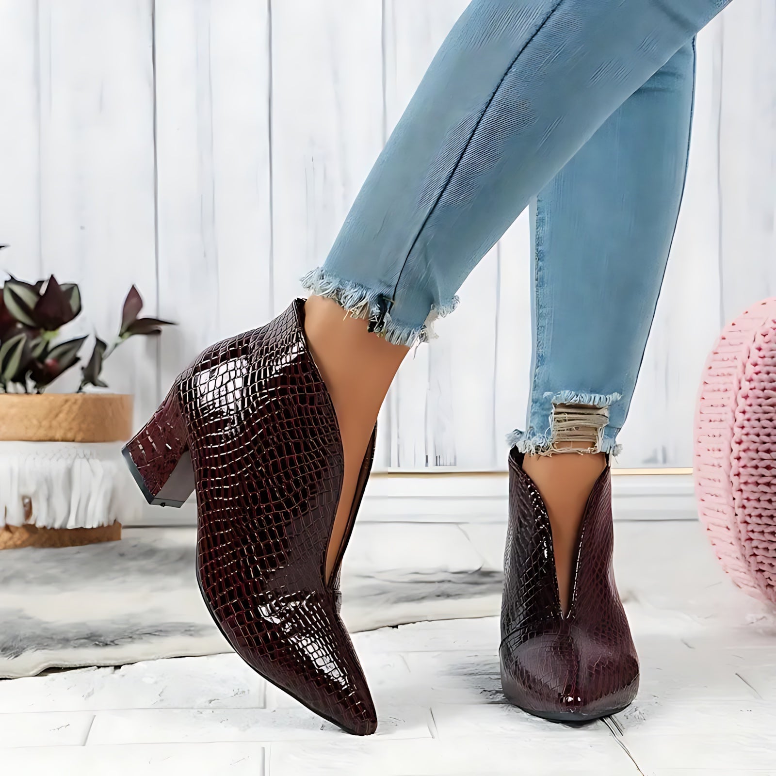 Magnolia – Snake Embossed Block Heel Ankle Boots