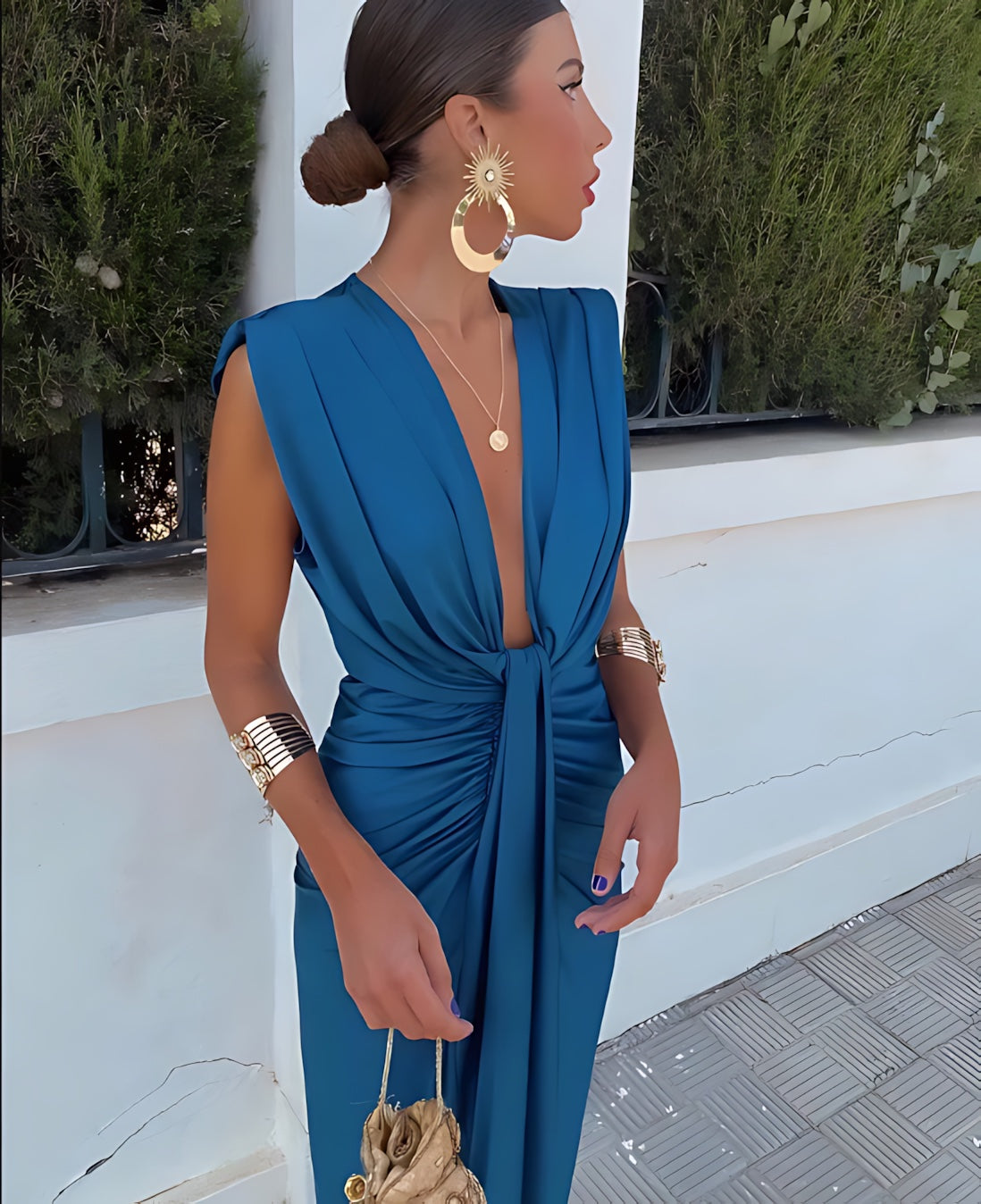 Margaret – Pleated Plunge V Neck Party Midi Dress