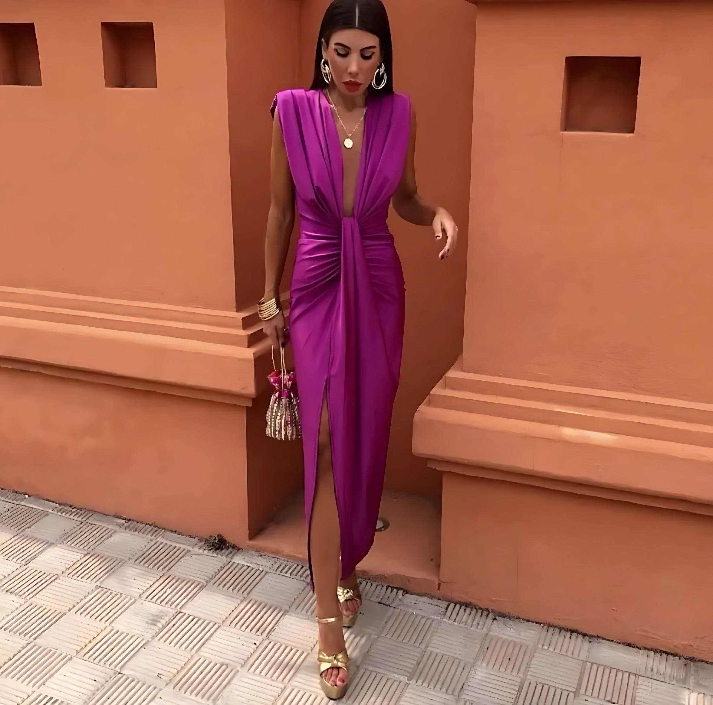 Margaret – Pleated Plunge V Neck Party Midi Dress