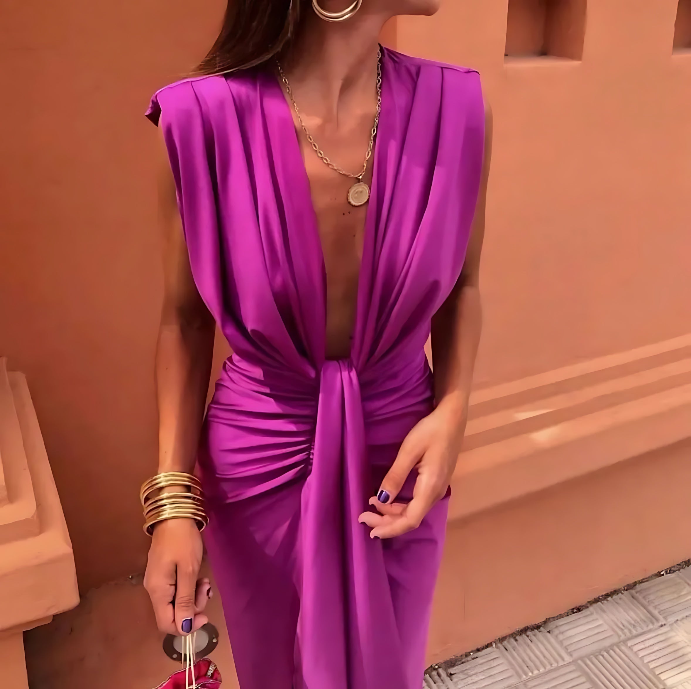 Margaret – Pleated Plunge V Neck Party Midi Dress