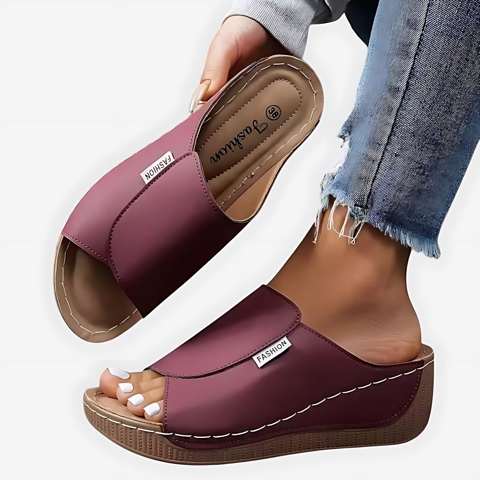 Maria – Contrast Stitch Wedge Slide Sandals