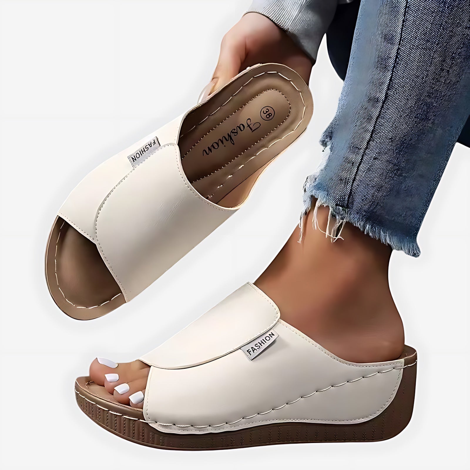 Maria – Contrast Stitch Wedge Slide Sandals