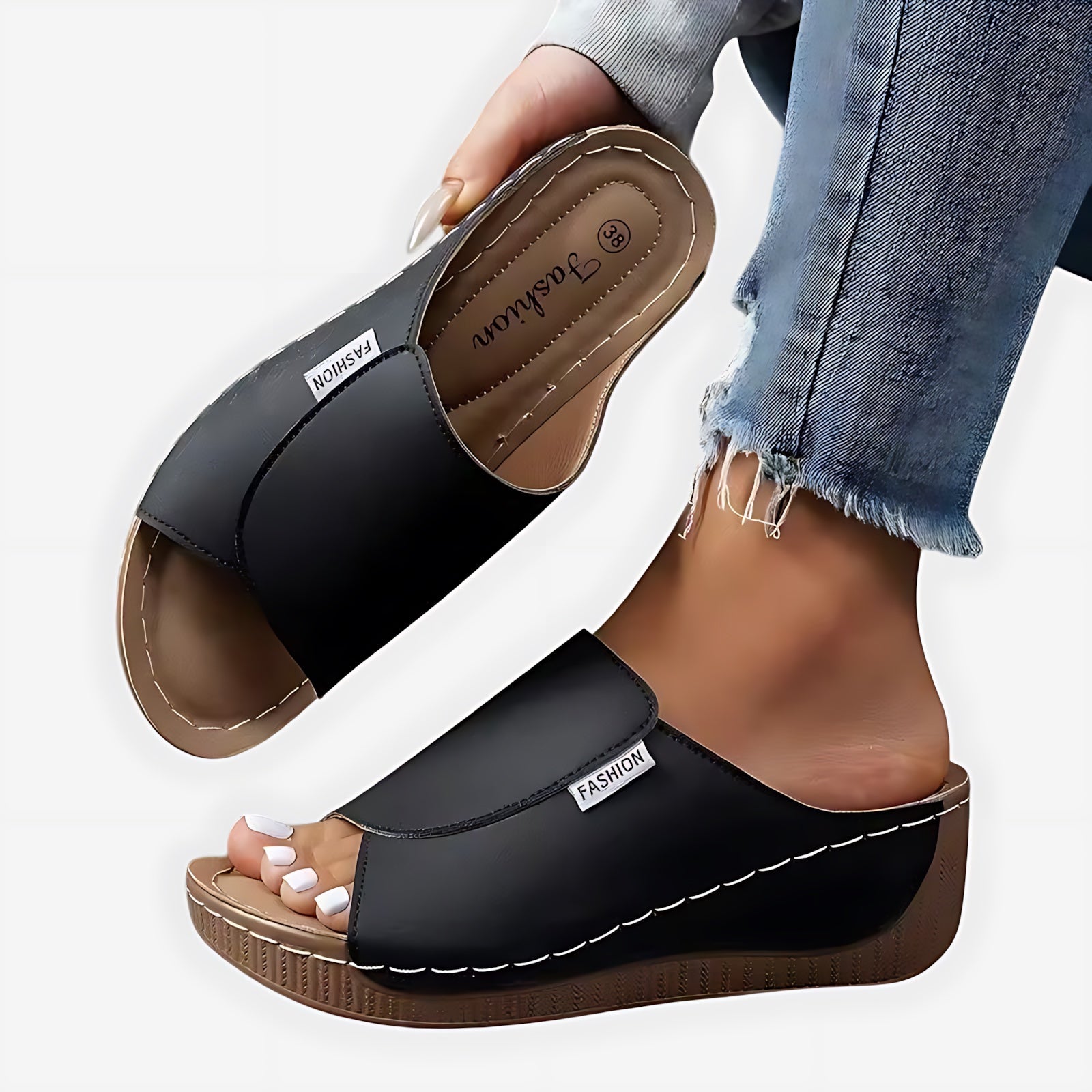 Maria – Contrast Stitch Wedge Slide Sandals