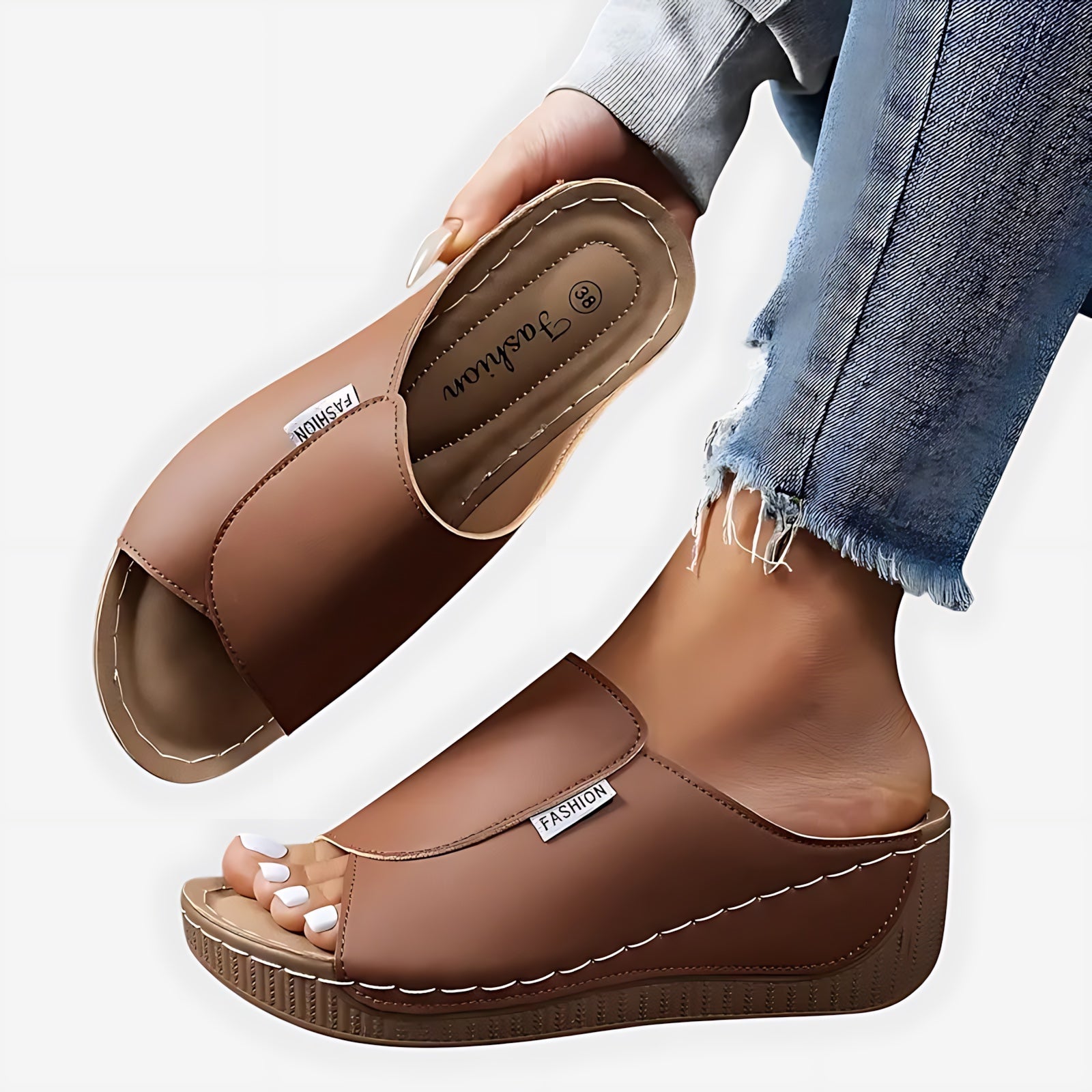 Maria – Contrast Stitch Wedge Slide Sandals