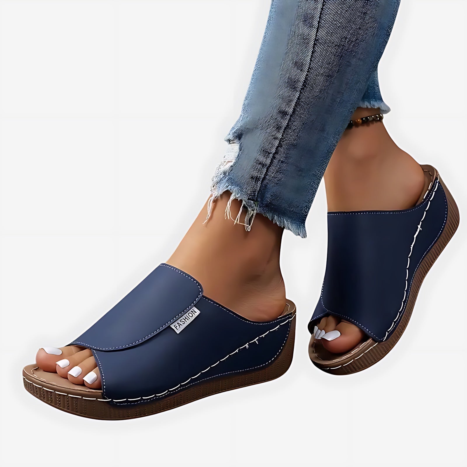 Maria – Contrast Stitch Wedge Slide Sandals