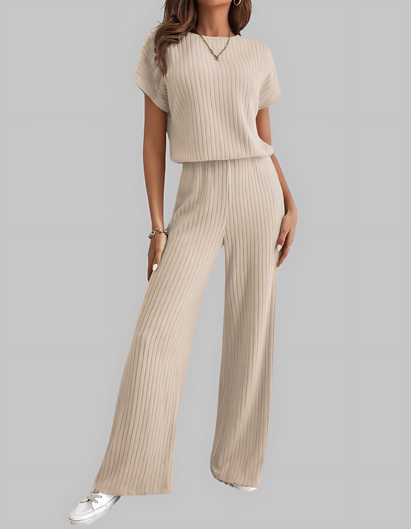 Maria – Ribbed Knit Short Sleeve Top and Wide Leg Pants Set
