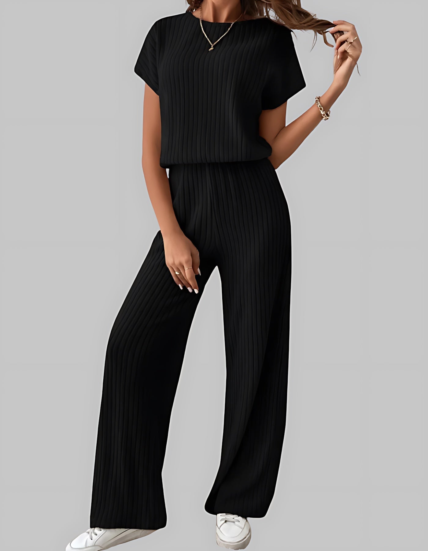 Maria – Ribbed Knit Short Sleeve Top and Wide Leg Pants Set