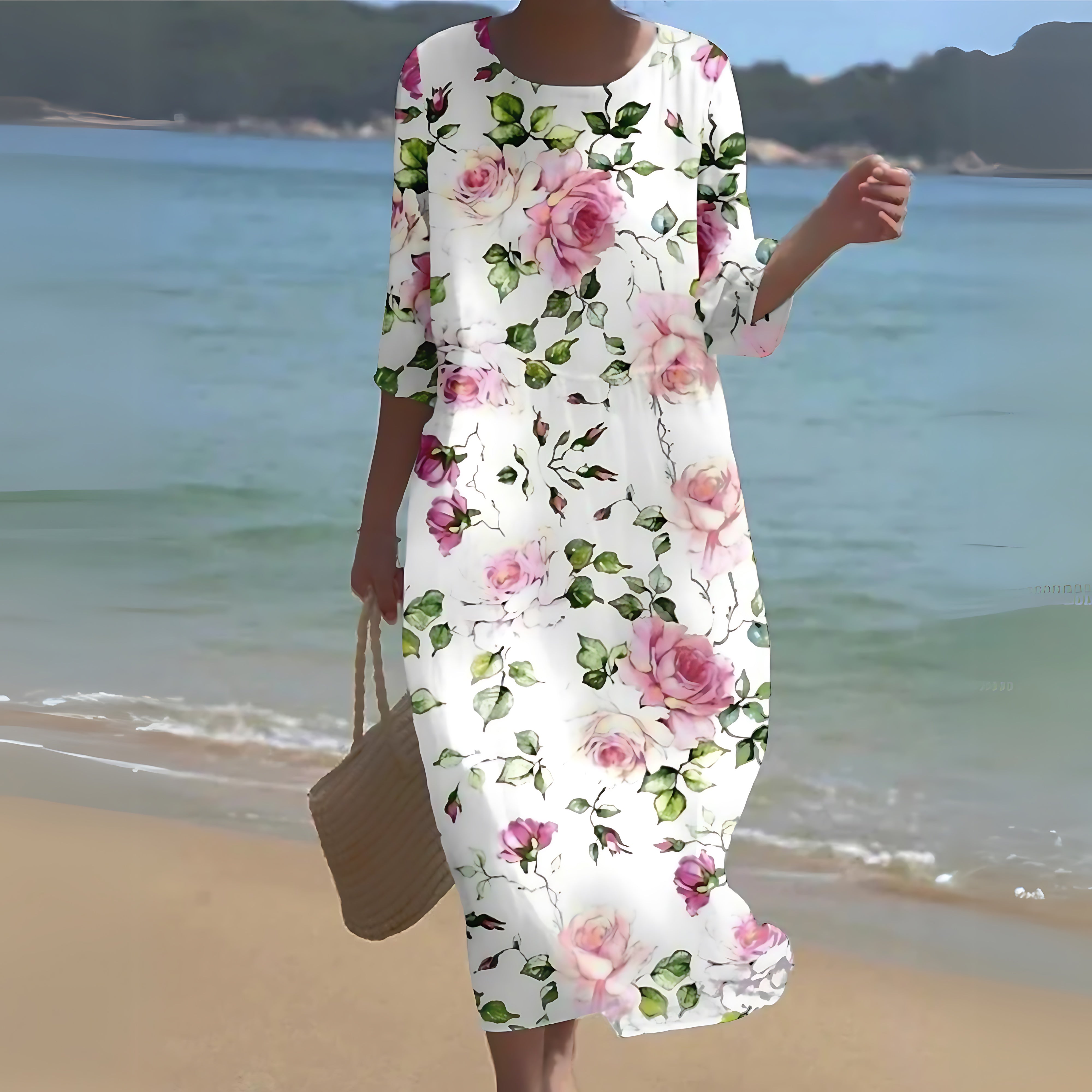 Maria – Rose Print V Neck Midi Dress