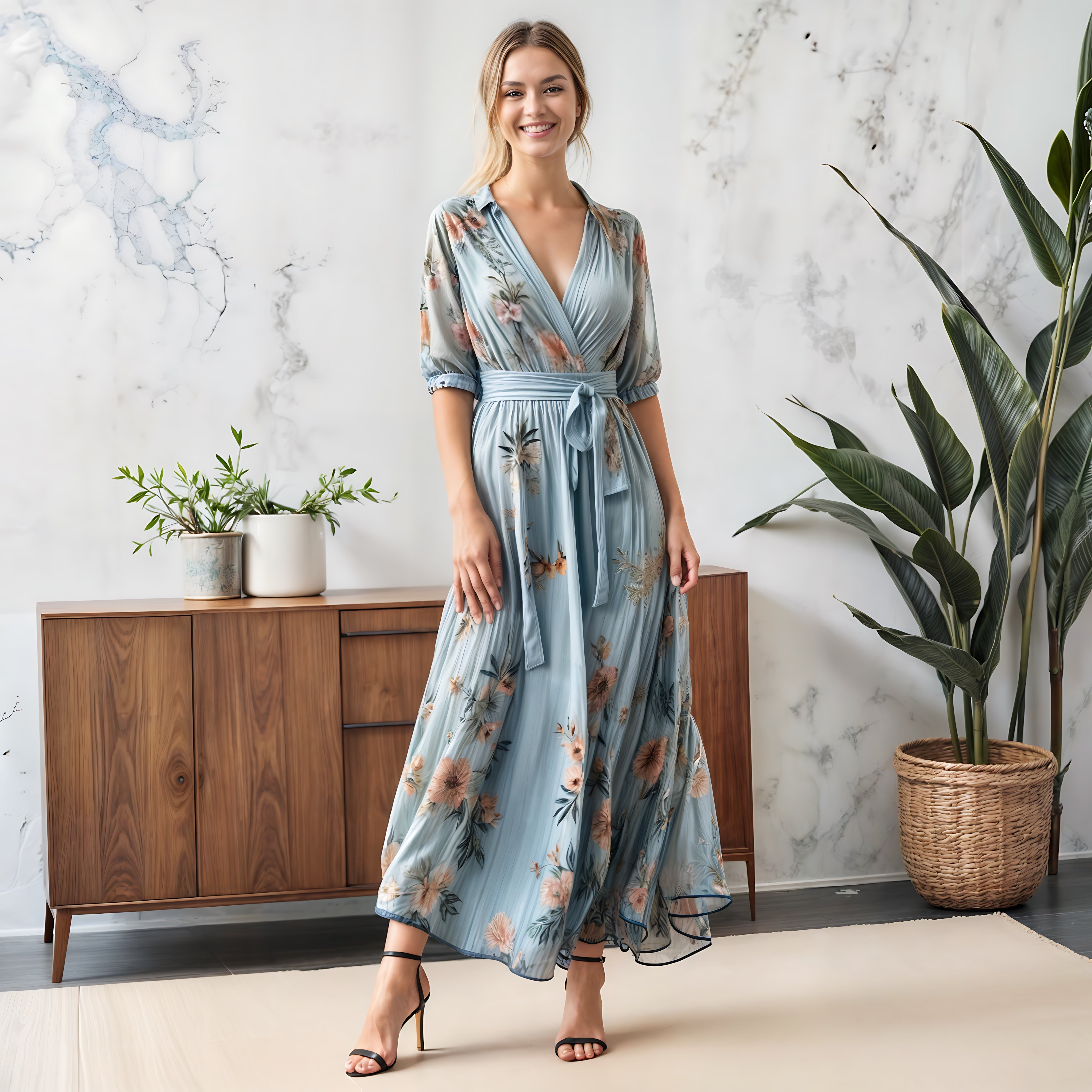 Marina – Floral Print Long Sleeve Wrap Midi Dress