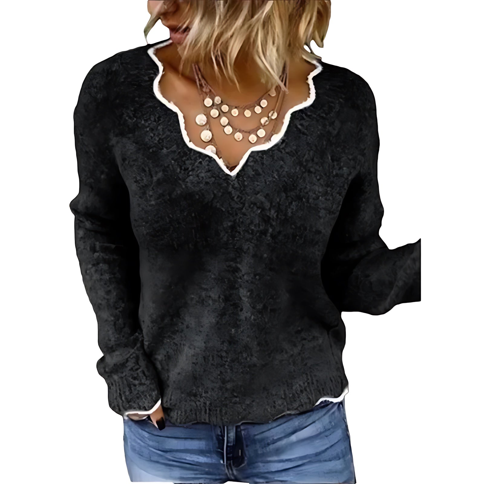 Mary – Lace Trim V Neck Knit Sweater
