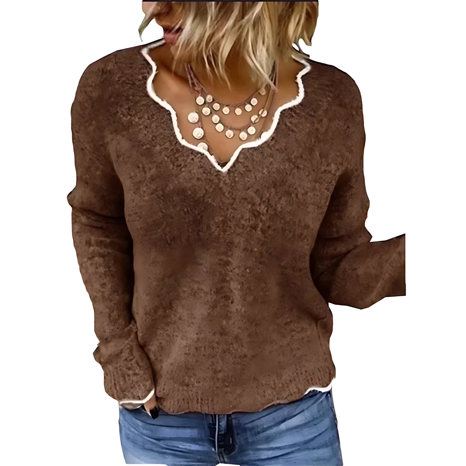 Mary – Lace Trim V Neck Knit Sweater