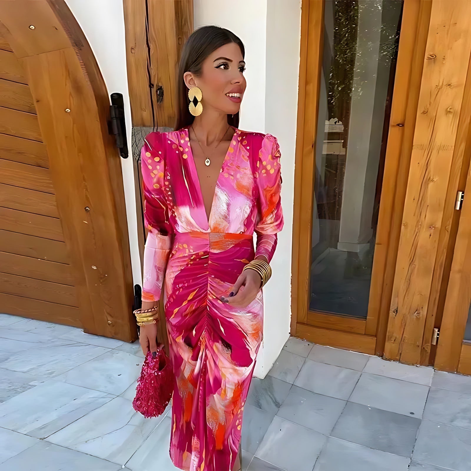 Mia – Abstract Print Ruched V Neck Party Midi Dress