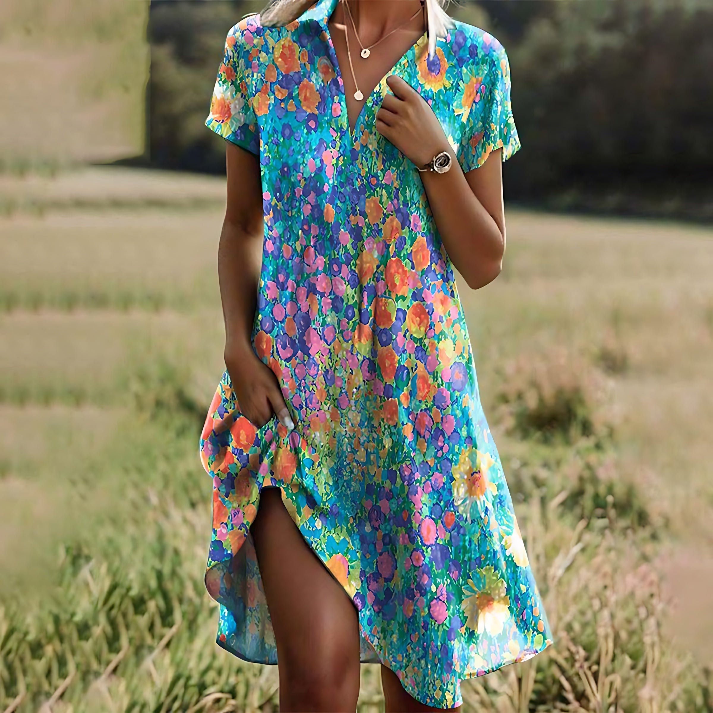 Mia – Floral Print Short Sleeve Summer Shirt Dress