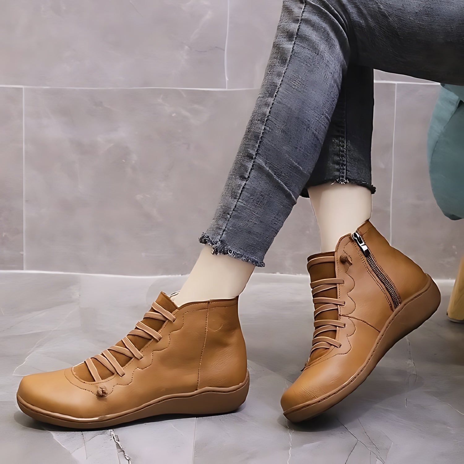 Mia – Leather Round Toe Wedge Ankle Boots