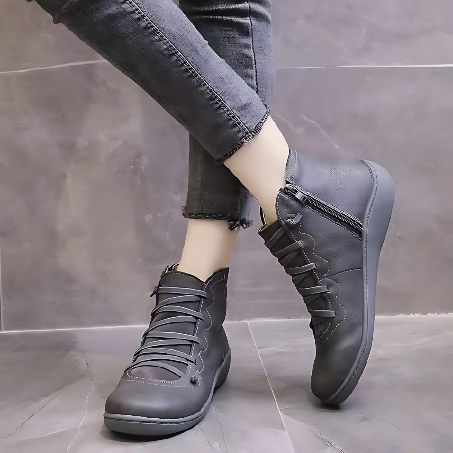 Mia – Leather Round Toe Wedge Ankle Boots