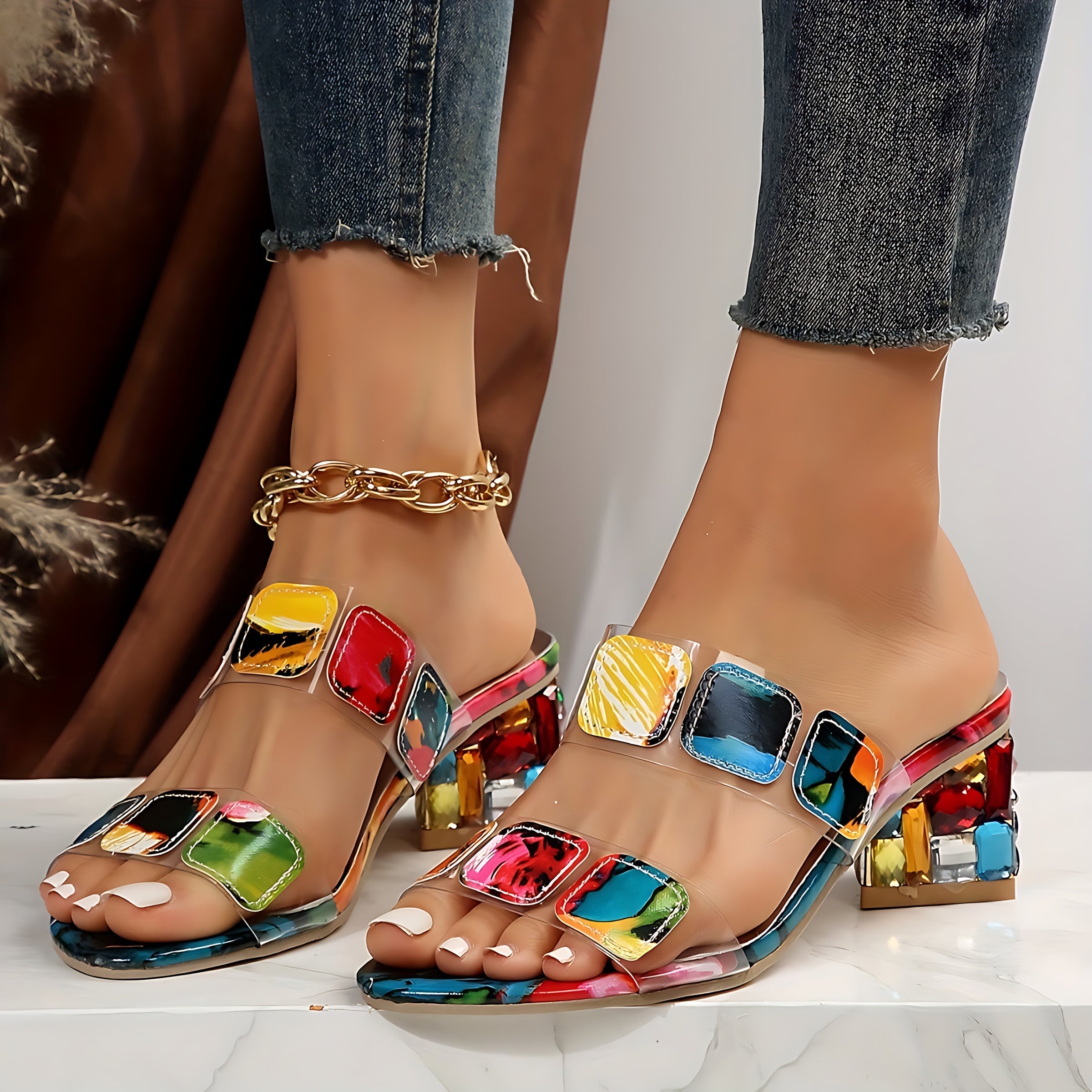 Mia – Pom Pom Embellished Block Heel Sandals