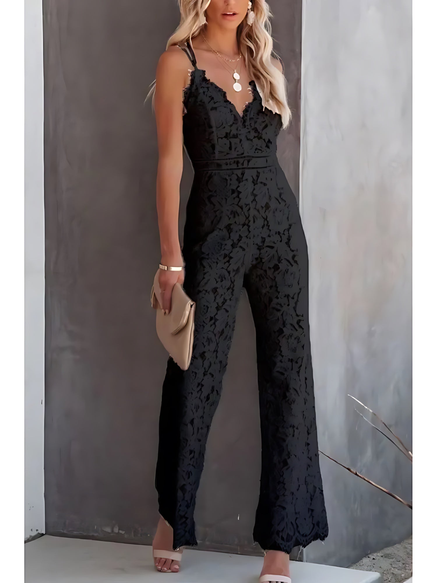 Mila – Lace Deep V Neck Wide Leg Party Jumpsuit