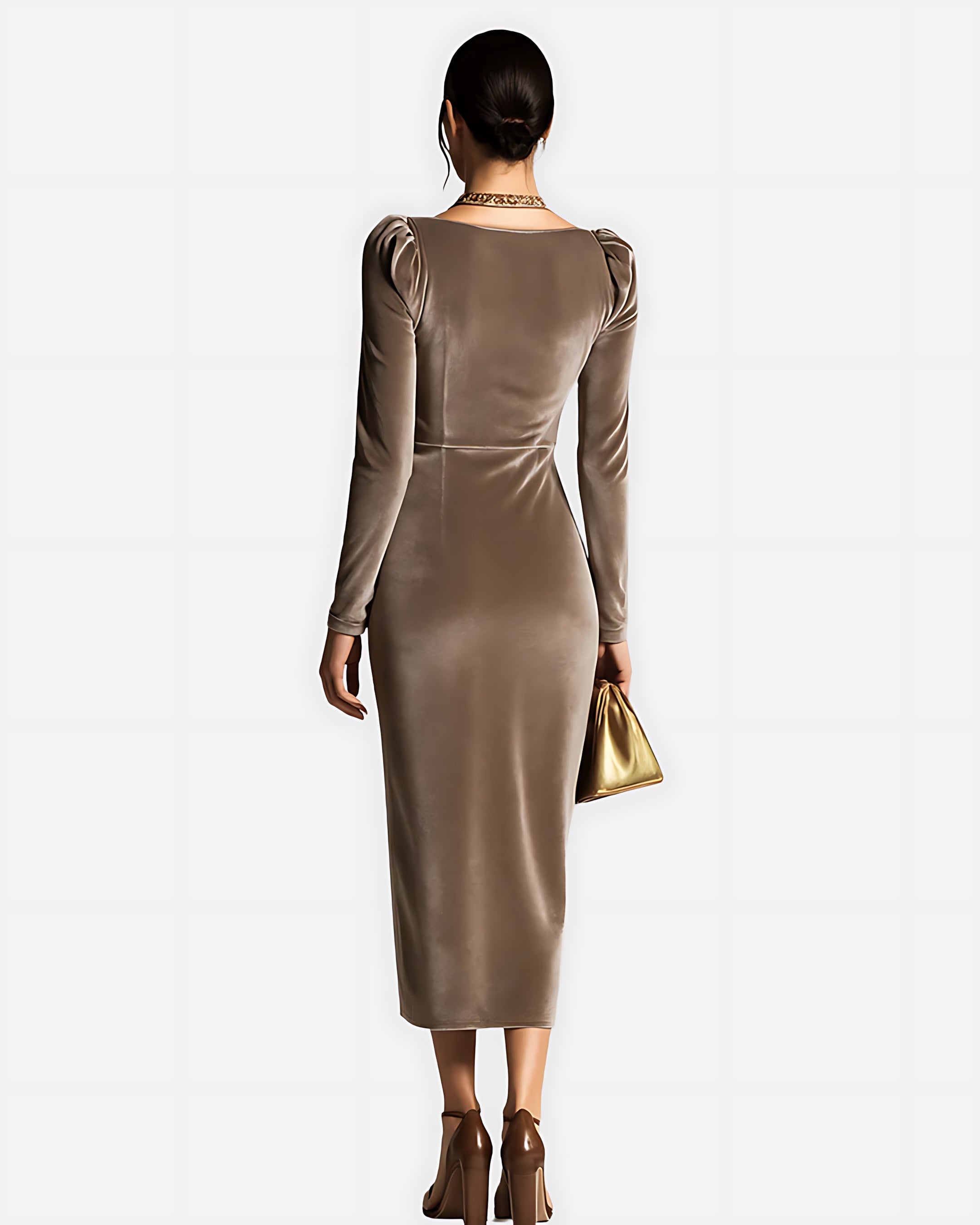 Mila – Velvet Cowl Neck Ruched Cocktail Midi Dress