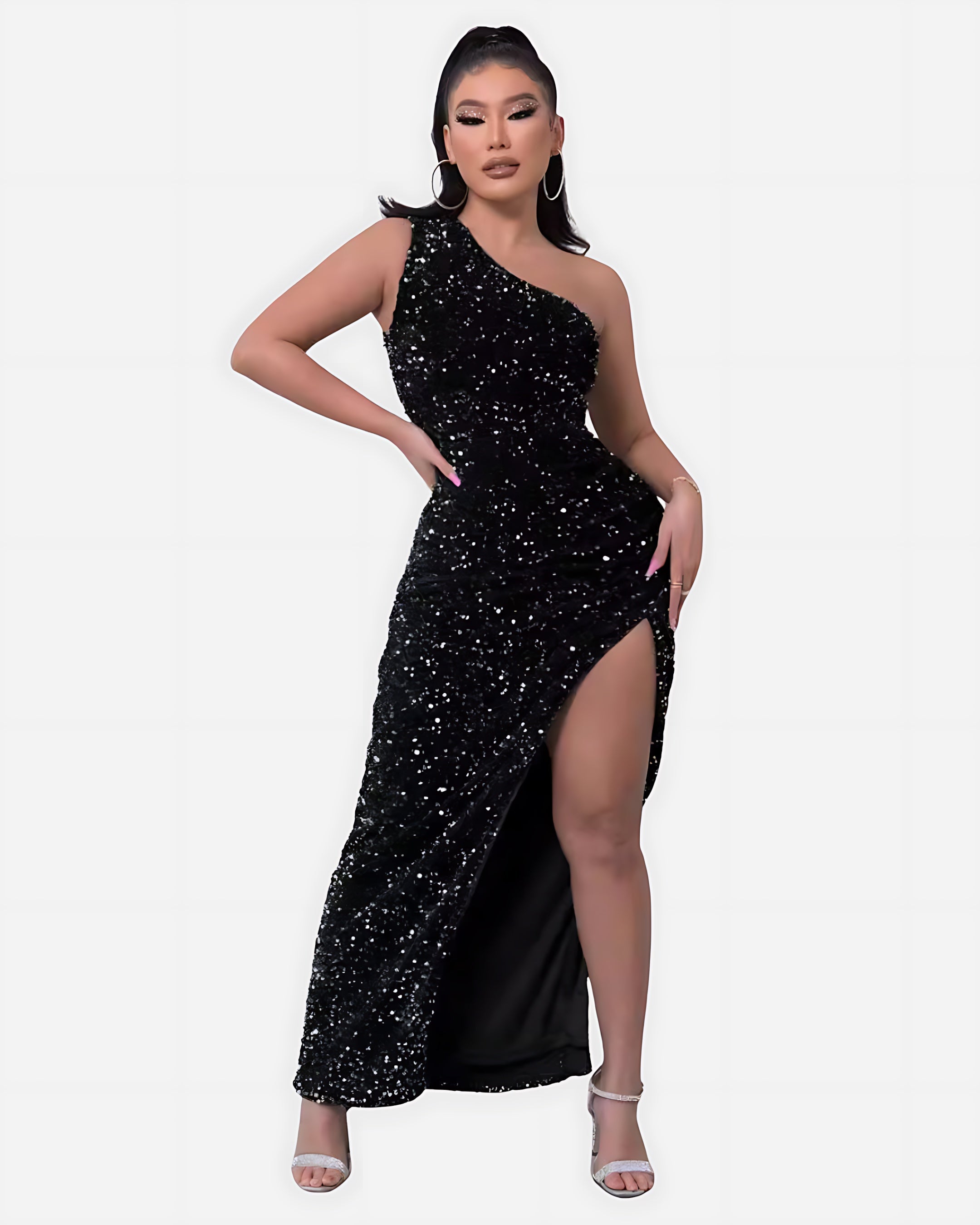 Millie – Sequin One Shoulder Ruched Evening Maxi Dress