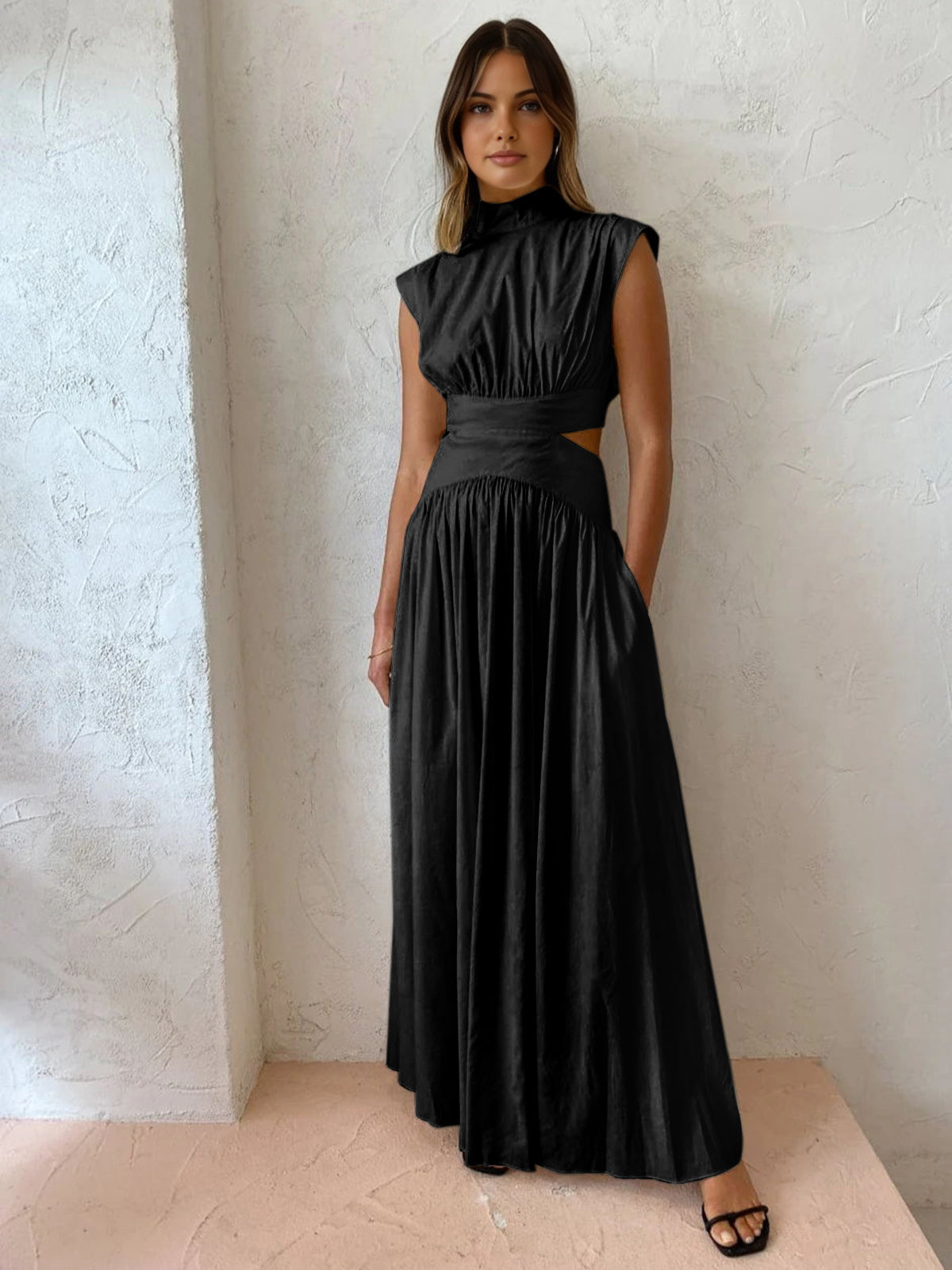 Frances – Mock Neck Cutout Pleated Evening Maxi Dress