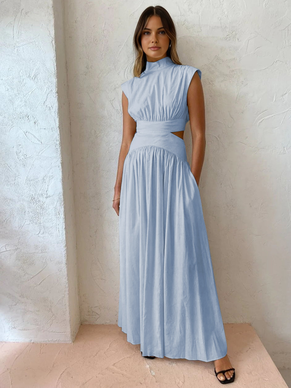 Frances – Mock Neck Cutout Pleated Evening Maxi Dress