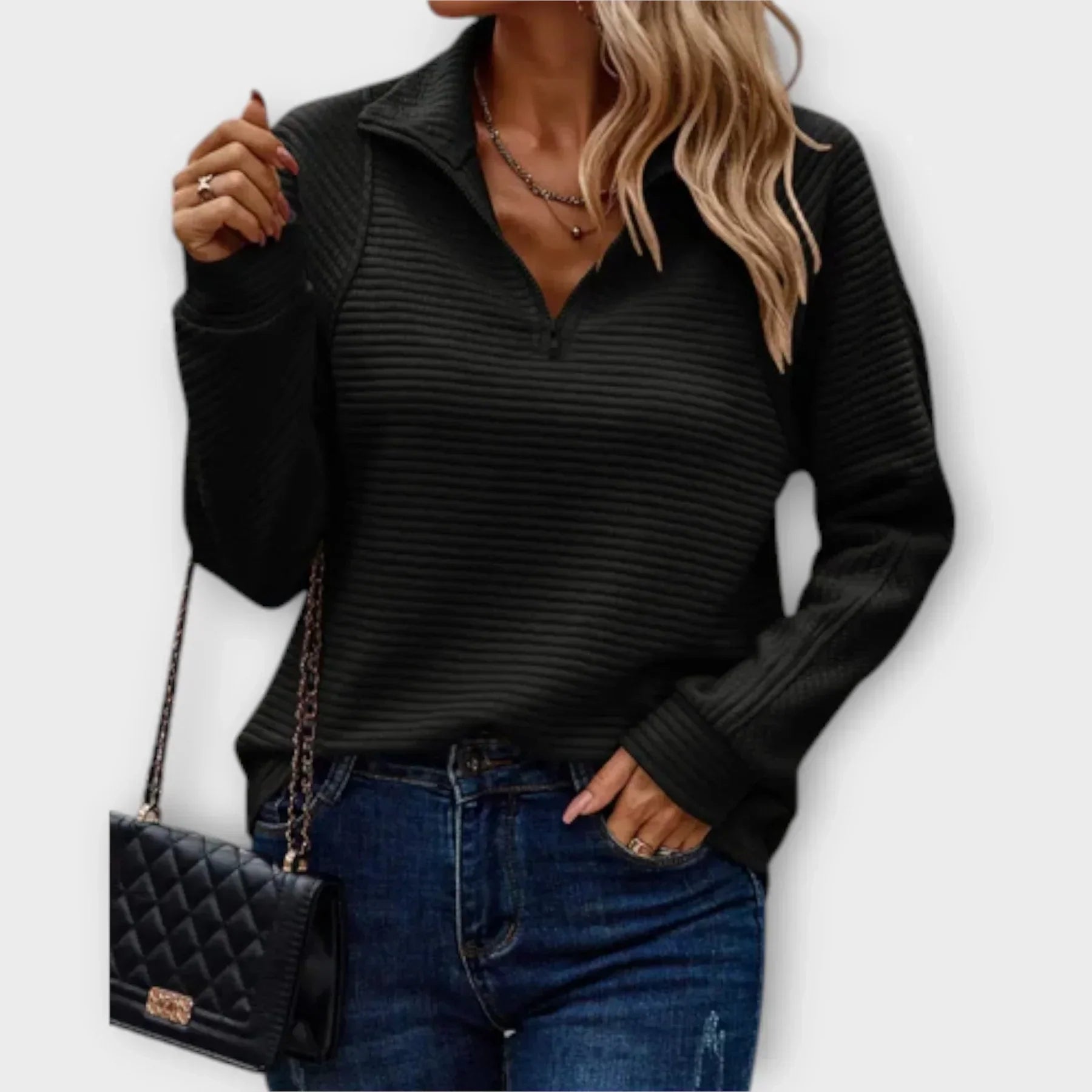 Marlowe – Ribbed Quarter Zip Collared Sweater