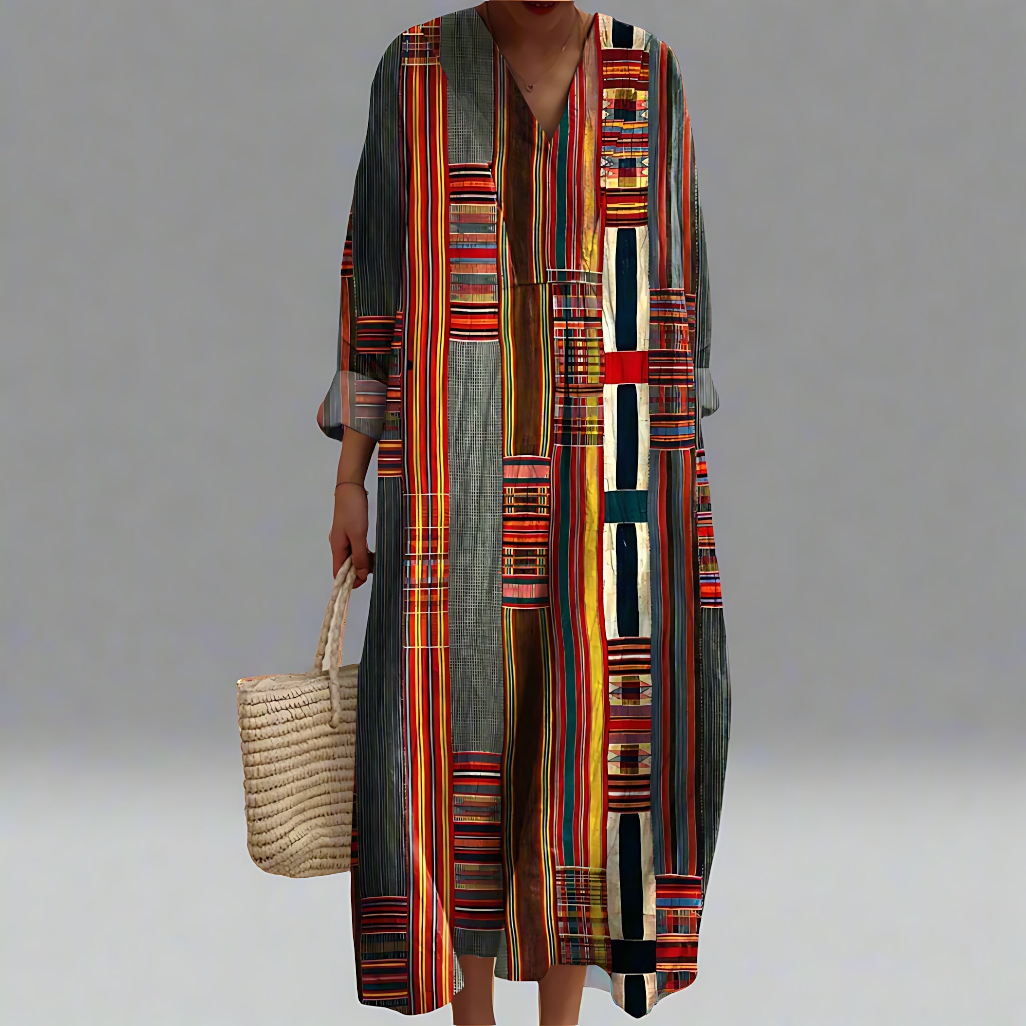 Nadia – Geometric Print V Neck Maxi Shirt Dress