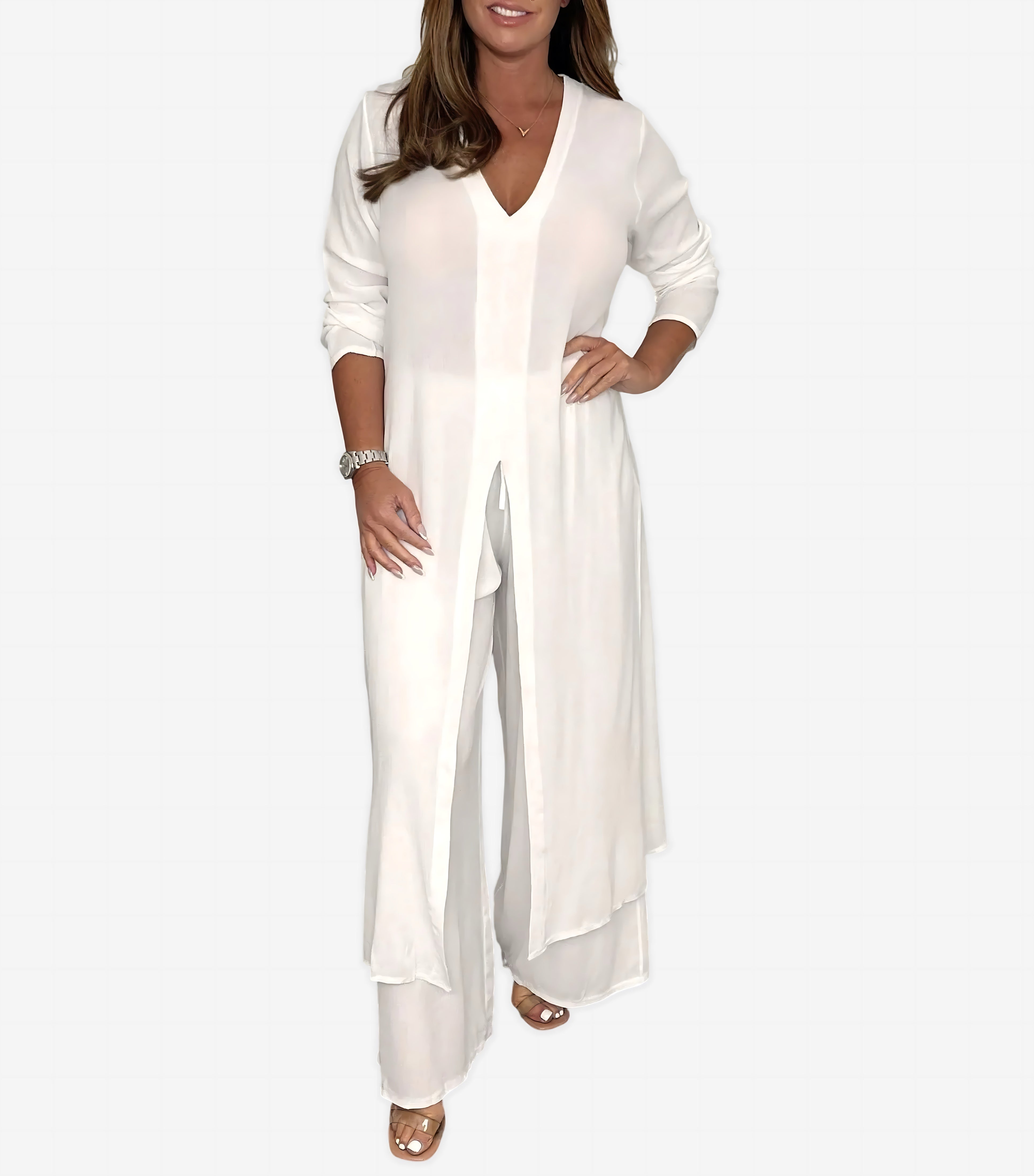 Nadia – Longline Button Up Shirt and Straight Leg Pants Set