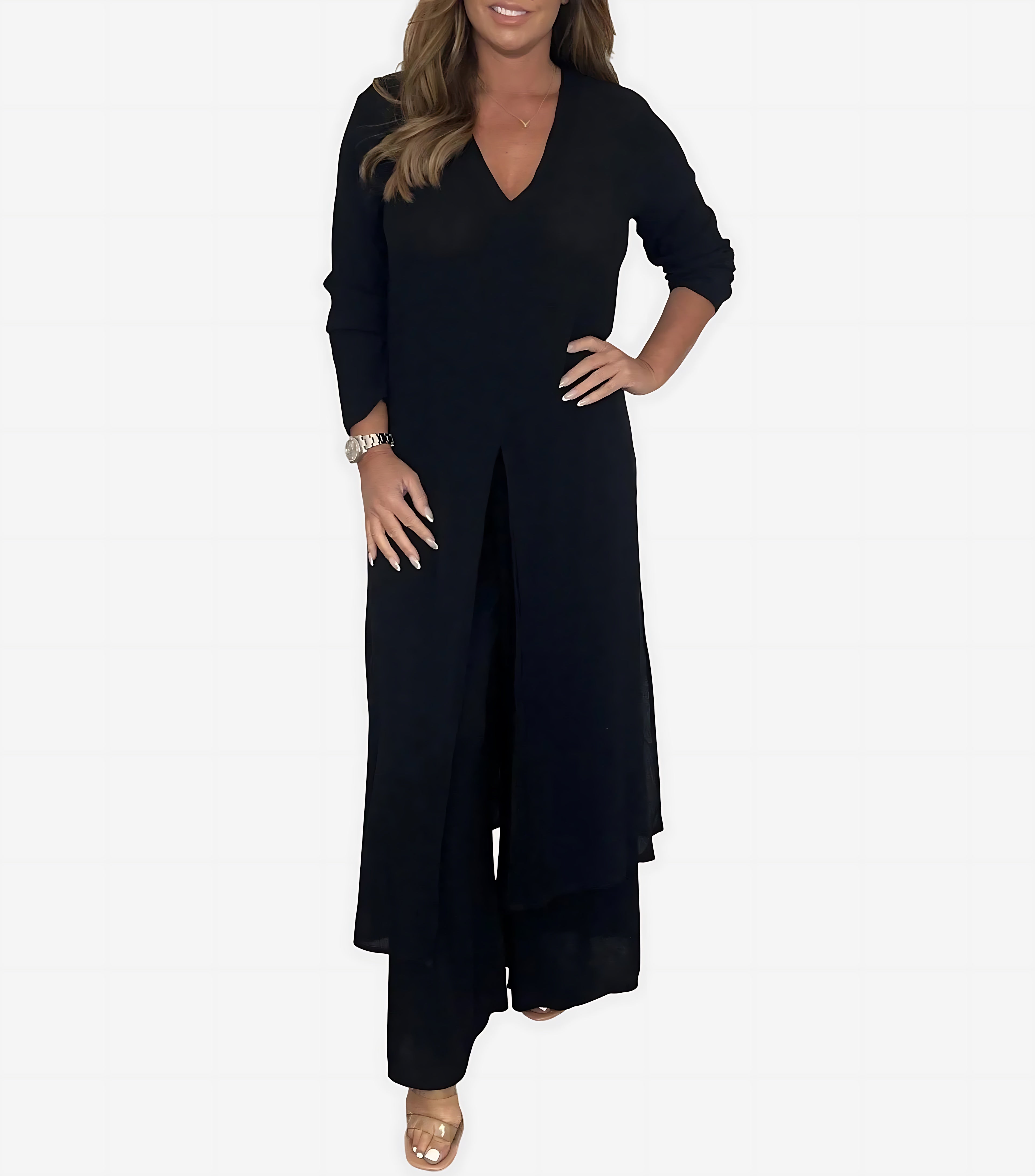 Nadia – Longline Button Up Shirt and Straight Leg Pants Set