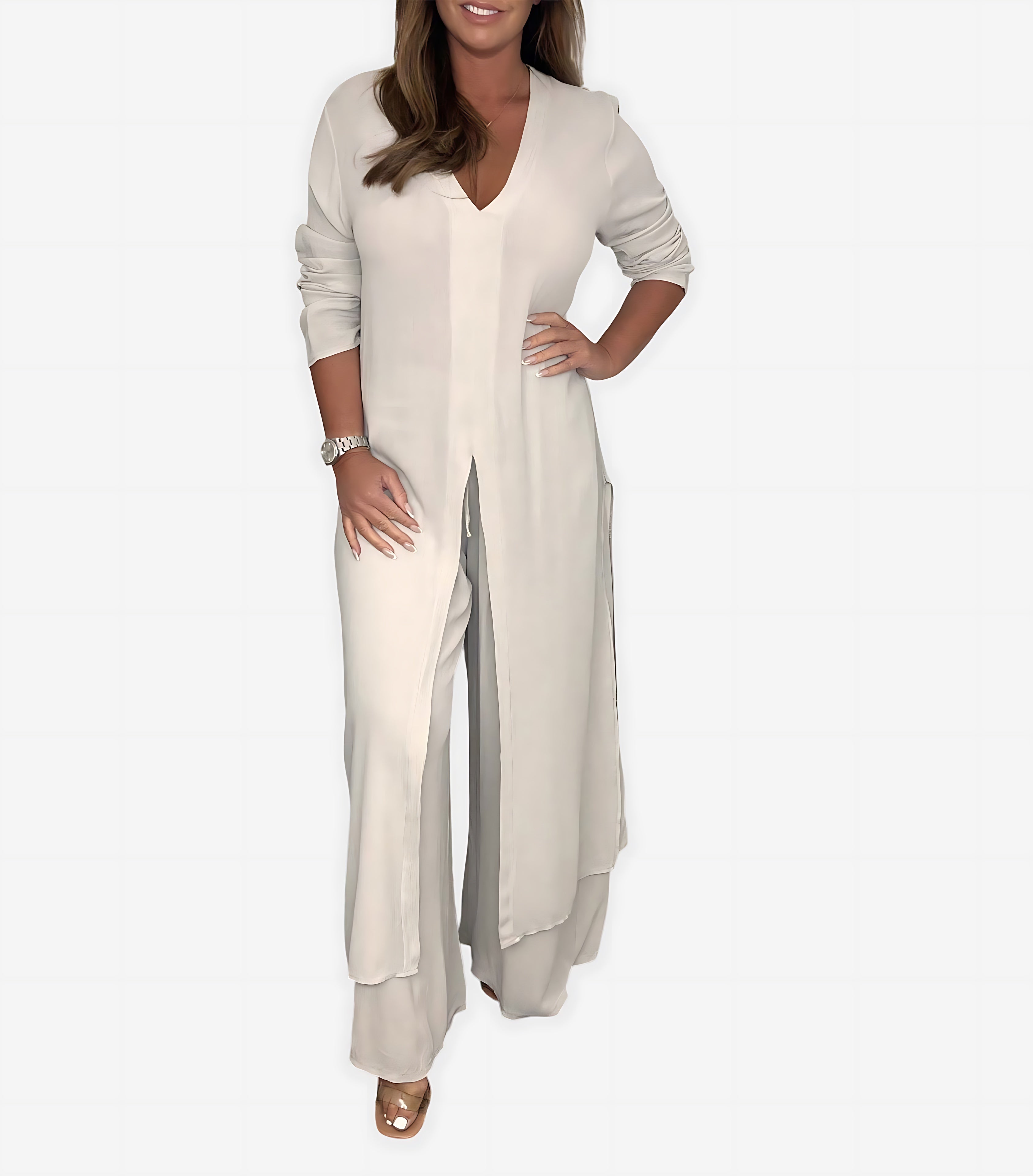 Nadia – Longline Button Up Shirt and Straight Leg Pants Set