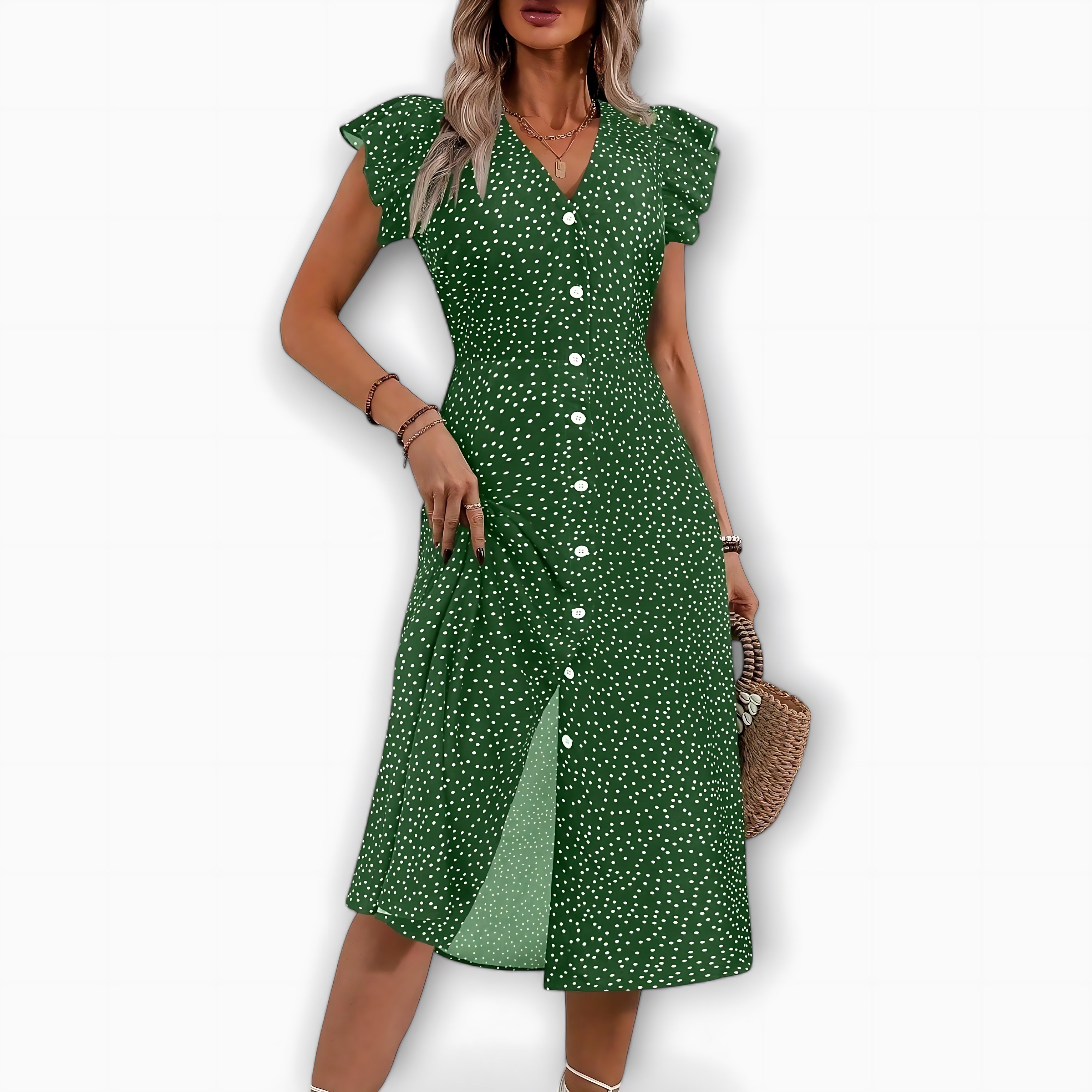 Nadia – Polka Dot V Neck Summer Midi Dress