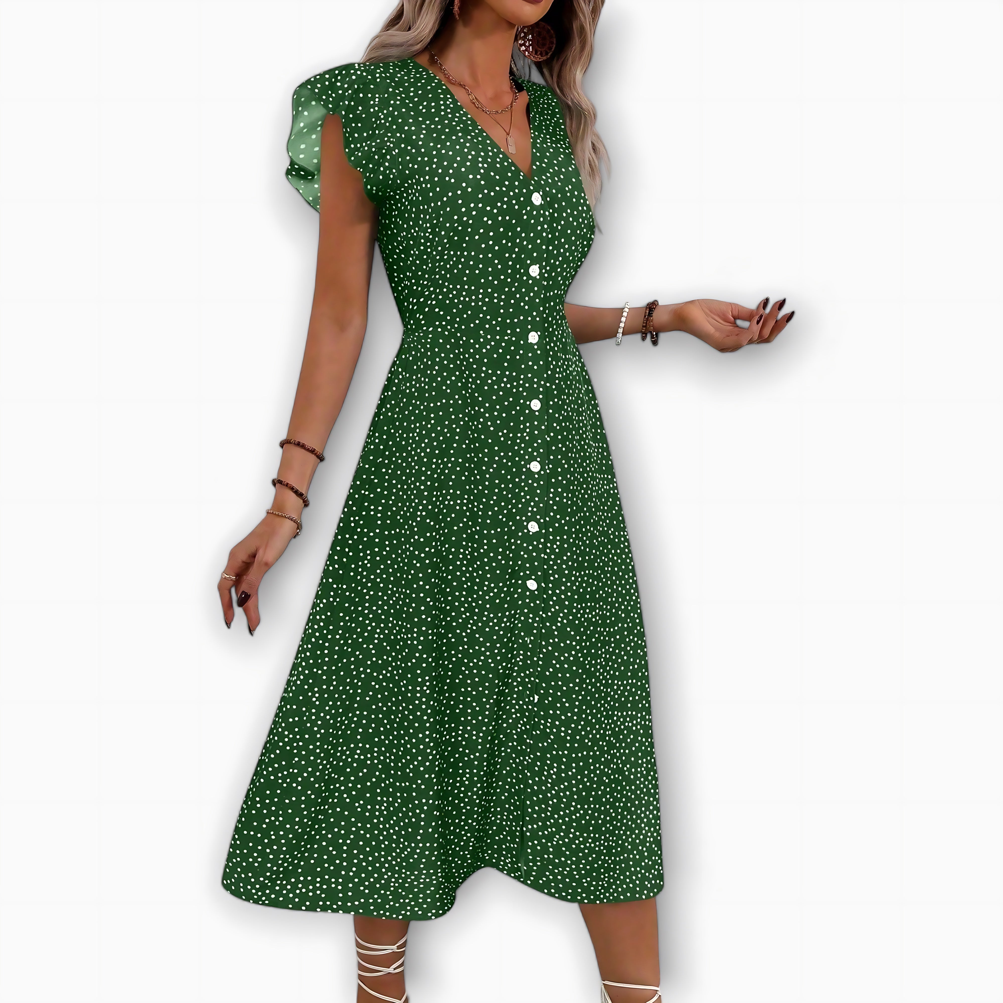 Nadia – Polka Dot V Neck Summer Midi Dress