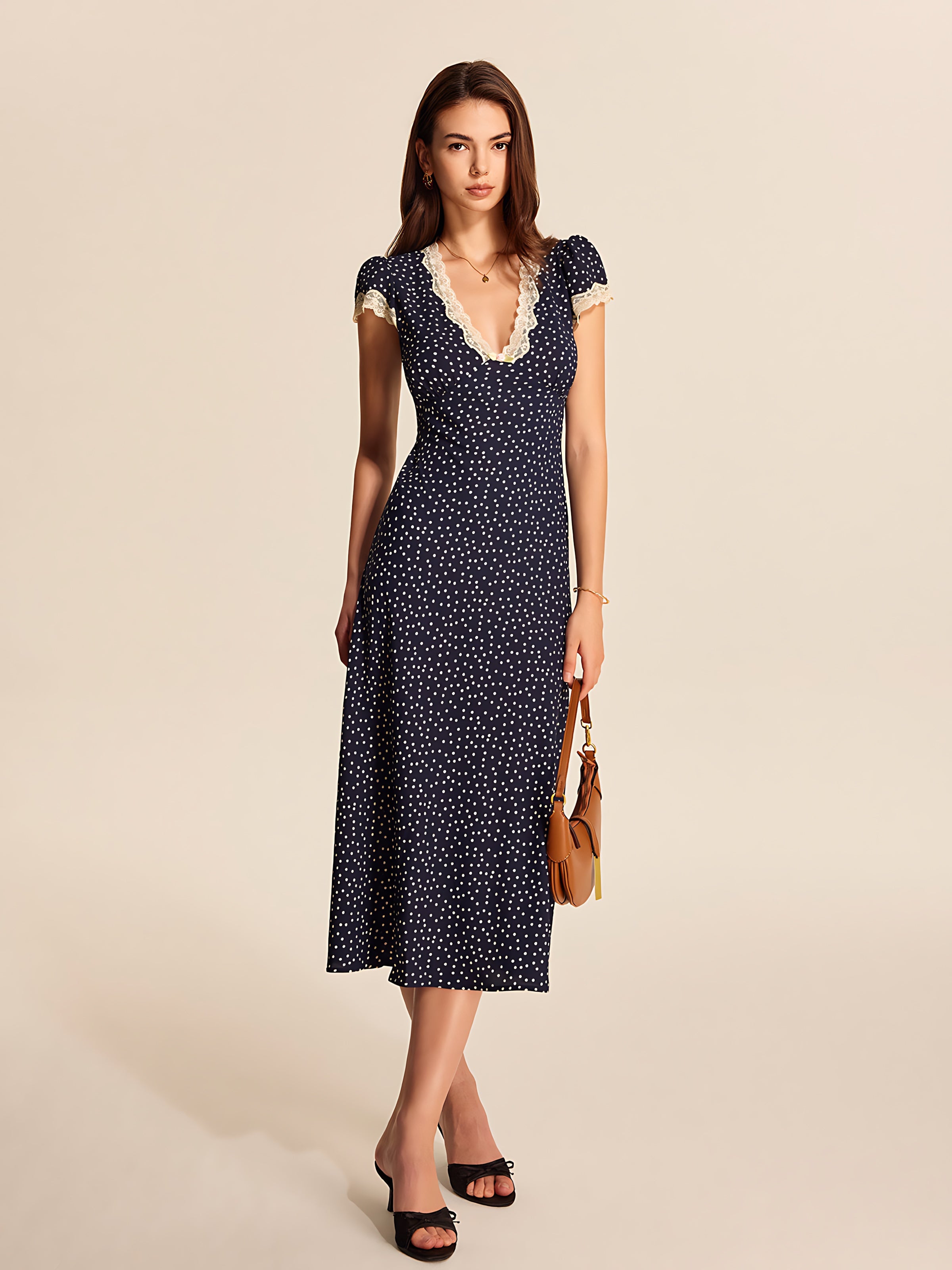 Naomi – Polka Dot Lace Trim V Neck Midi Dress