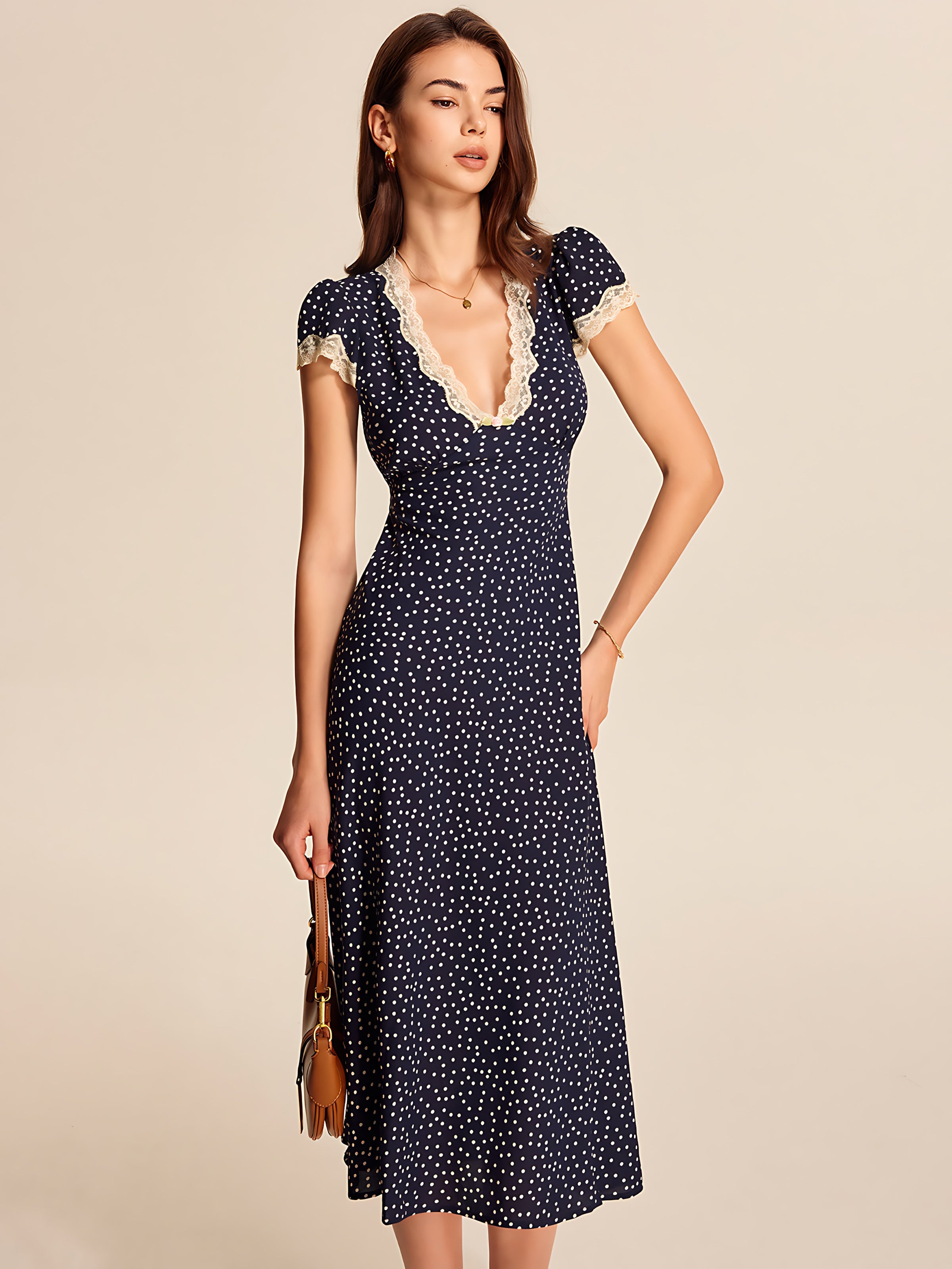 Naomi – Polka Dot Lace Trim V Neck Midi Dress