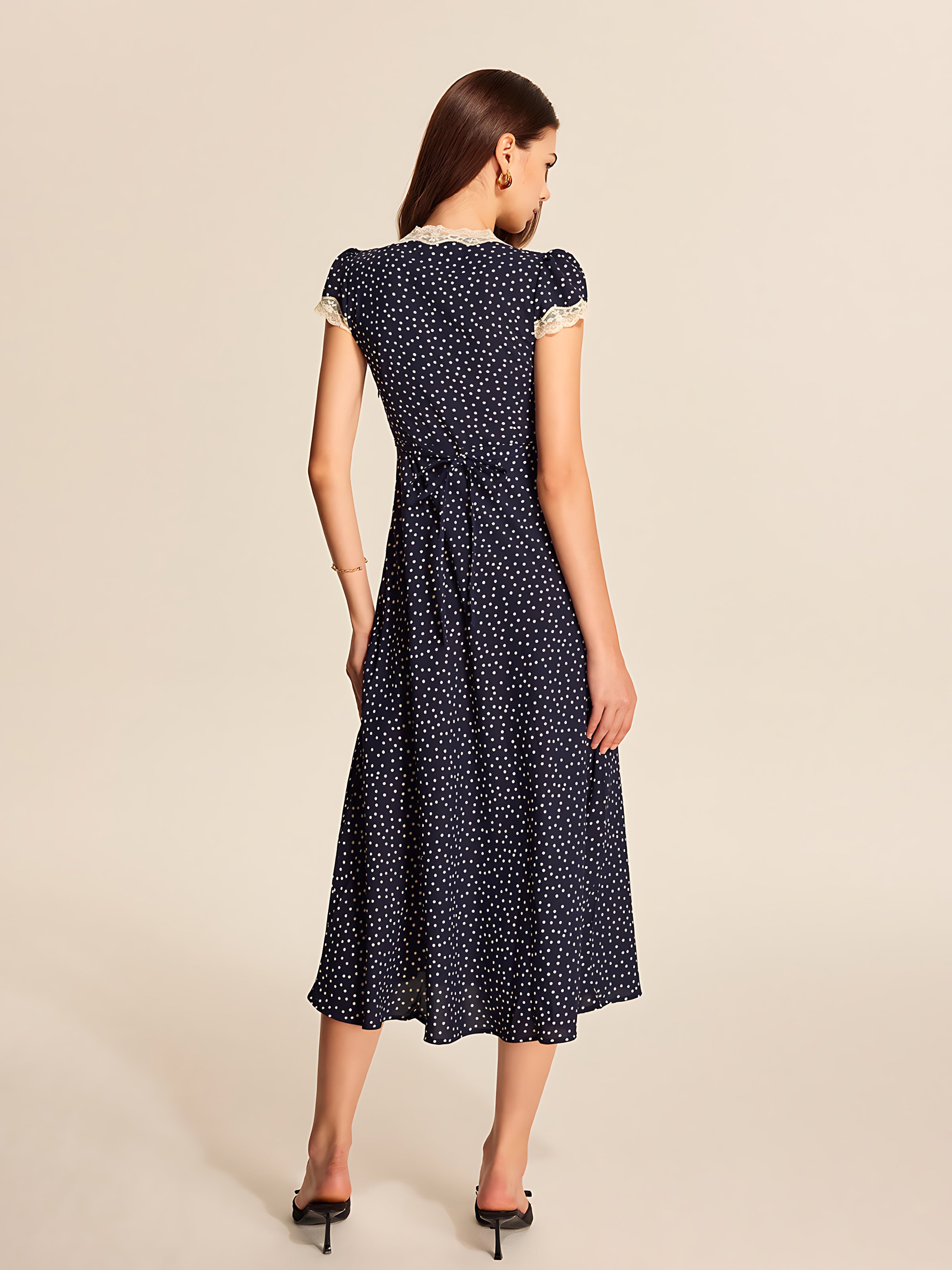 Naomi – Polka Dot Lace Trim V Neck Midi Dress