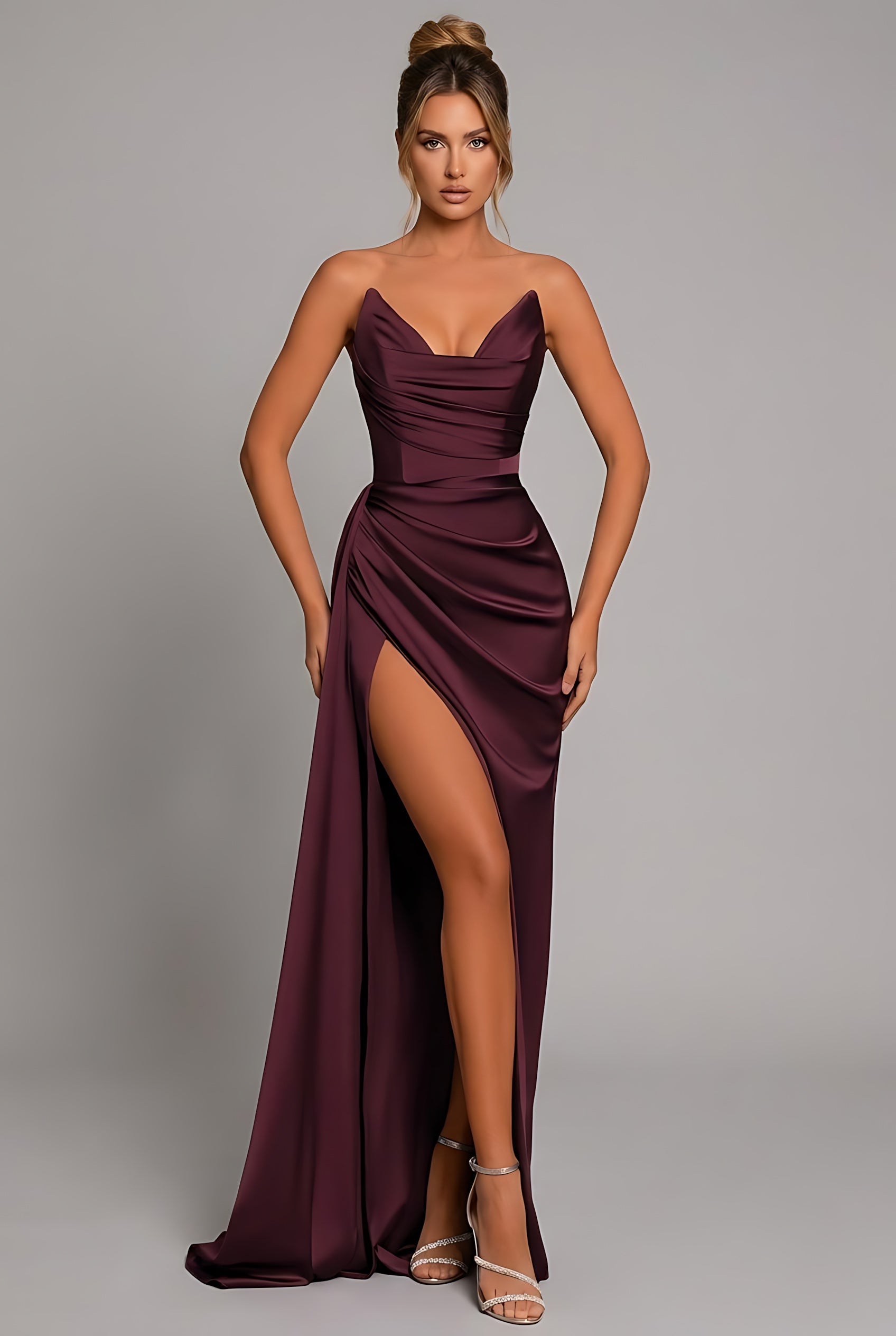 Natalie – Satin Cowl Neck High Slit Cocktail Maxi Dress