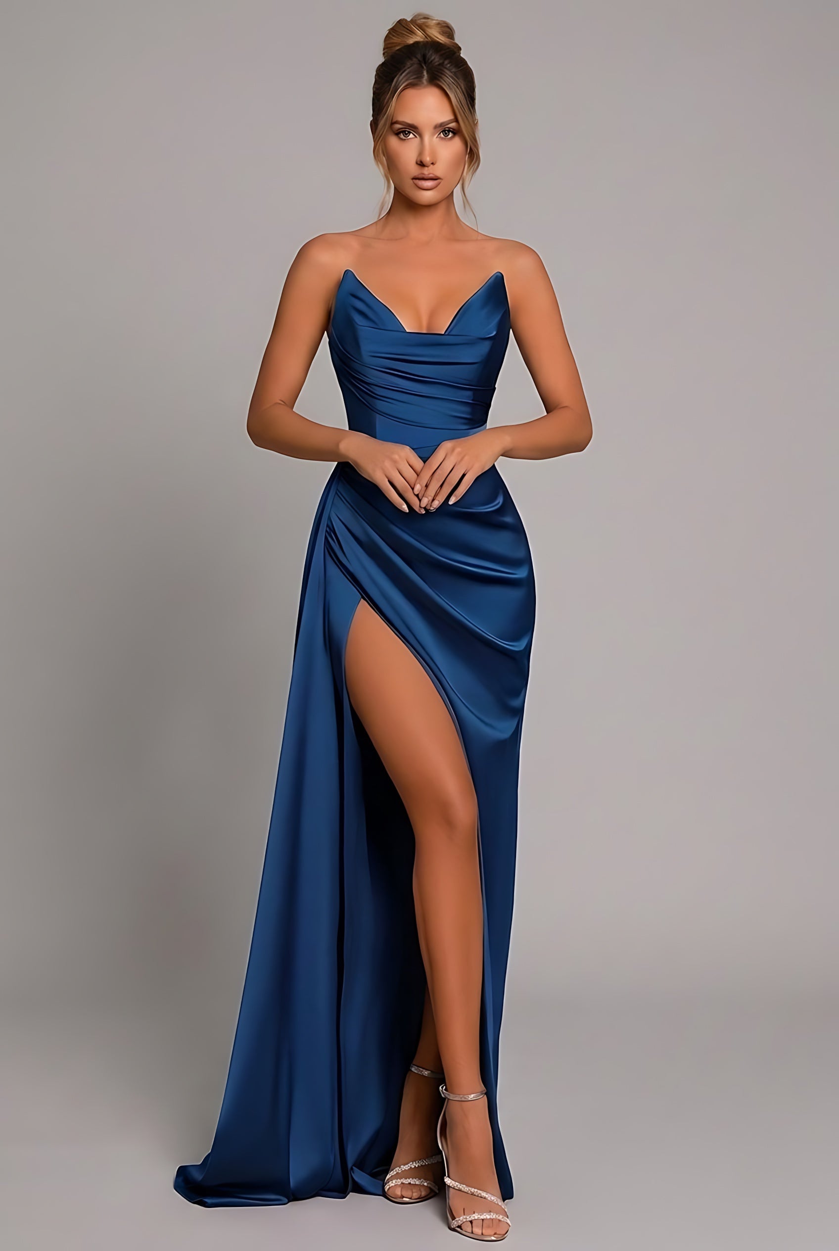 Natalie – Satin Cowl Neck High Slit Cocktail Maxi Dress