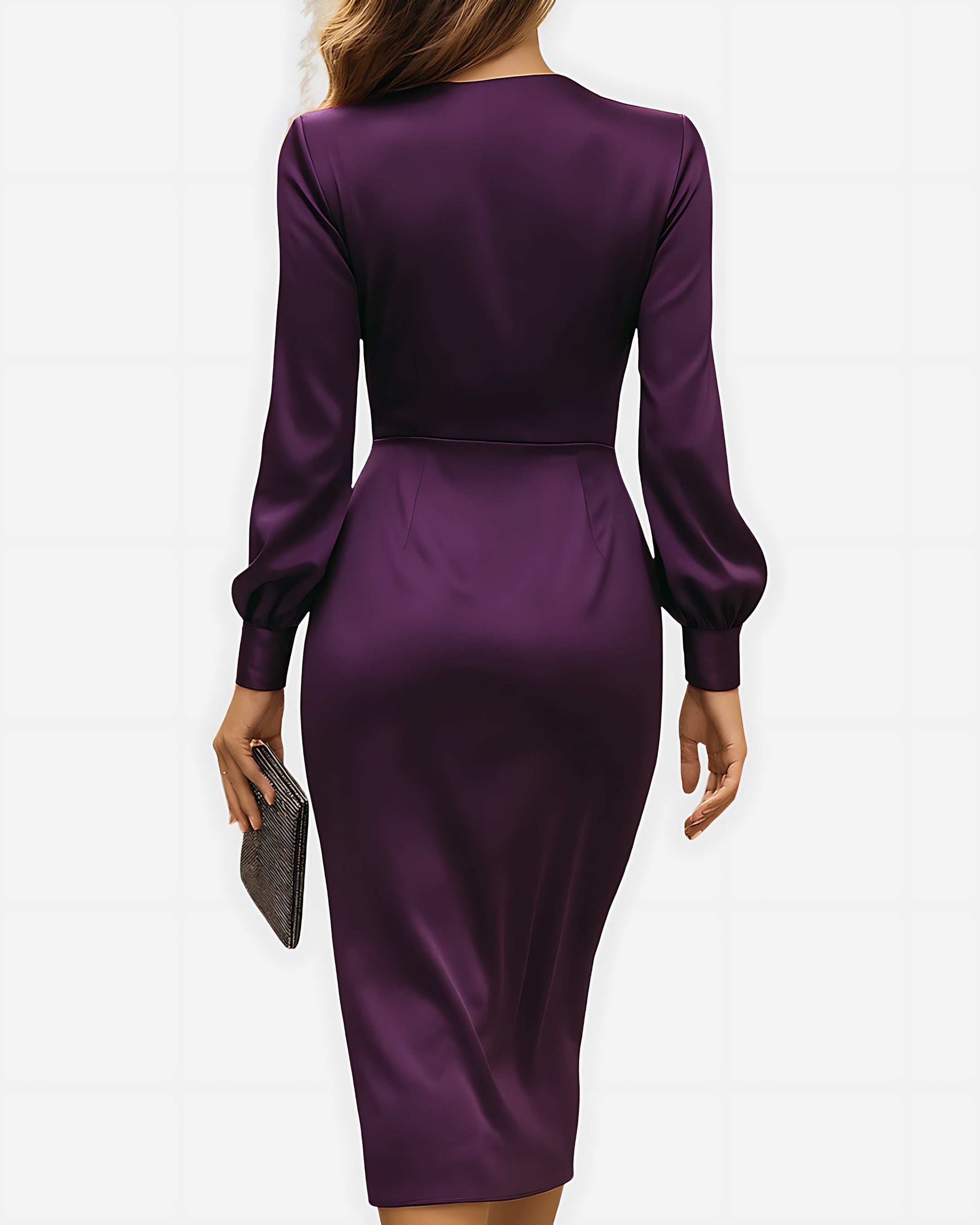 Natalie – Satin Wrap V Neck Cocktail Midi Dress