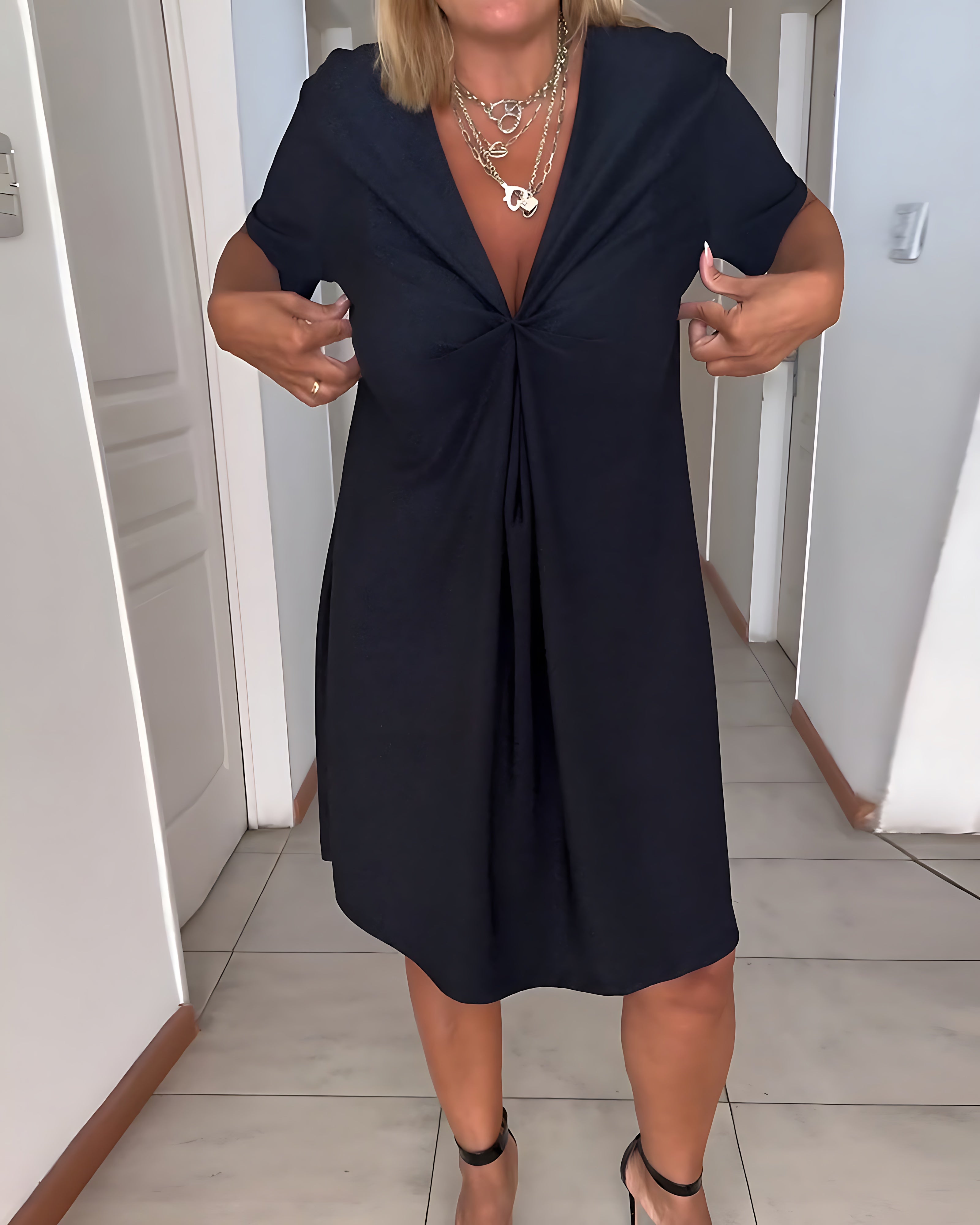 Natalie – Twist Front V Neck Short Sleeve Midi Dress