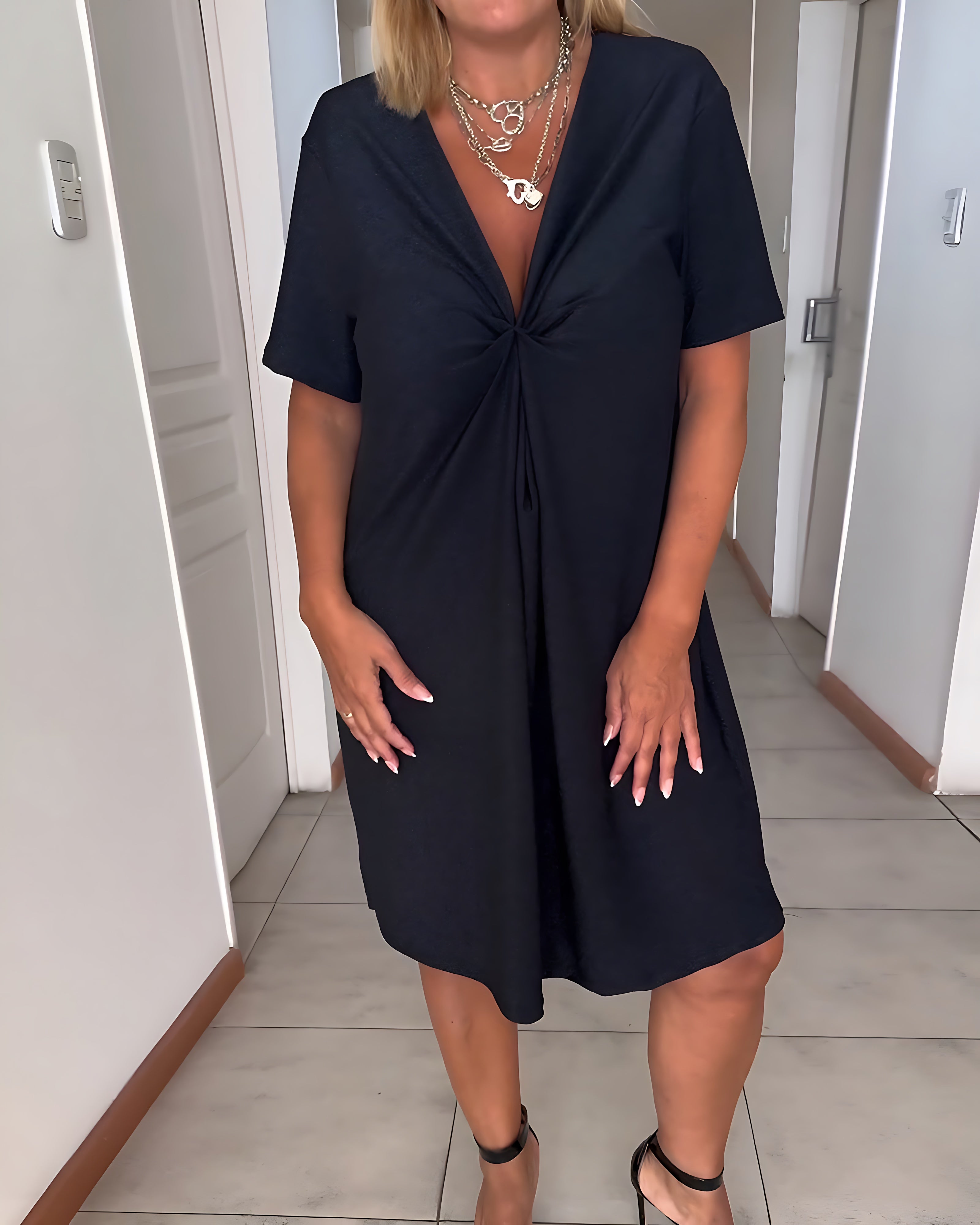 Natalie – Twist Front V Neck Short Sleeve Midi Dress