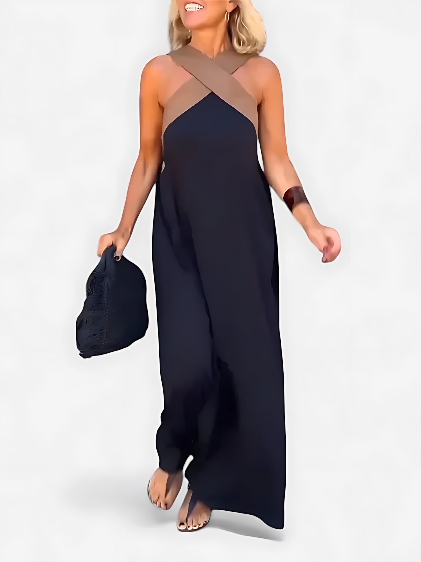 Noelle – Colorblock Criss Cross Halter Maxi Dress