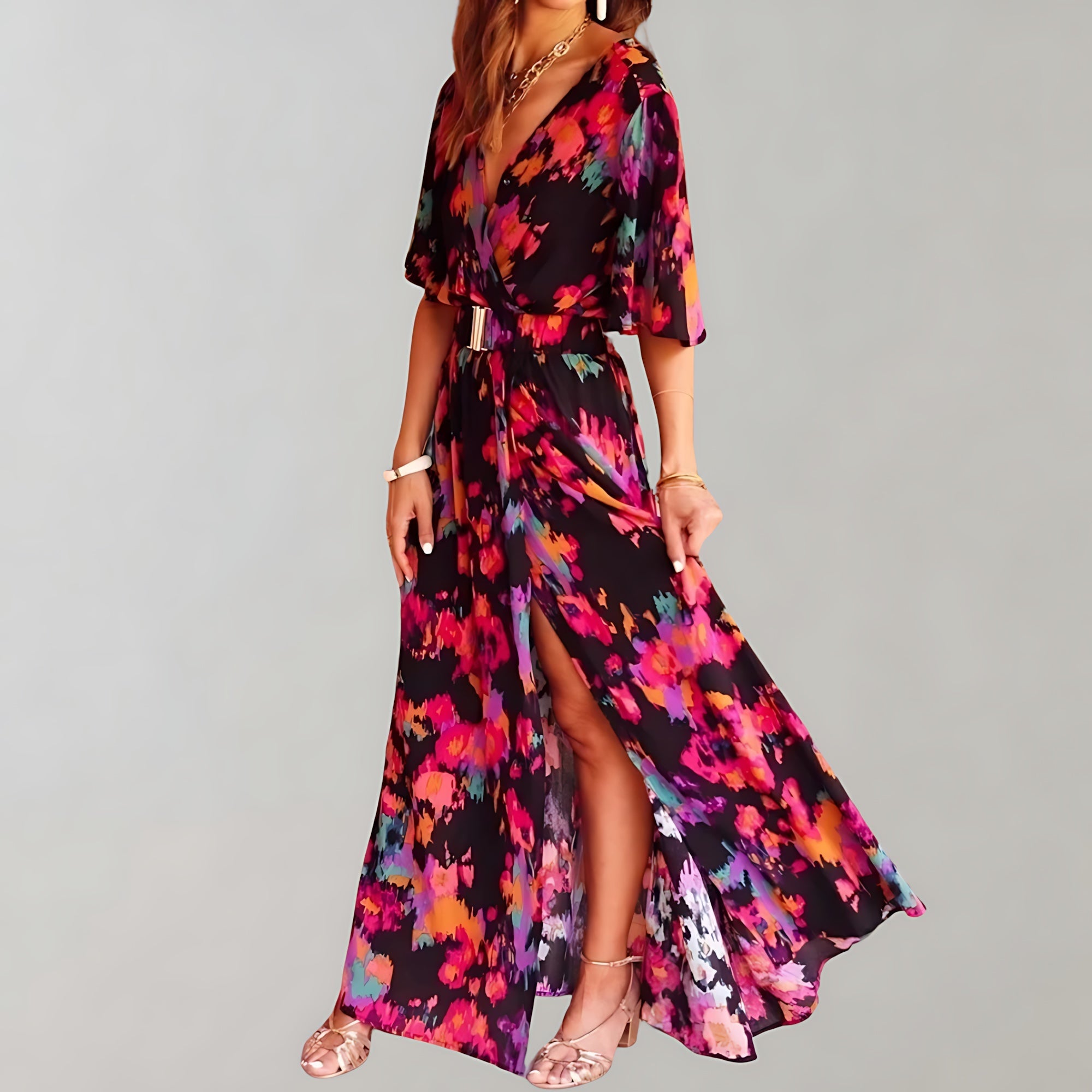 Noelle – Floral Print V Neck Wrap Slit Maxi Dress