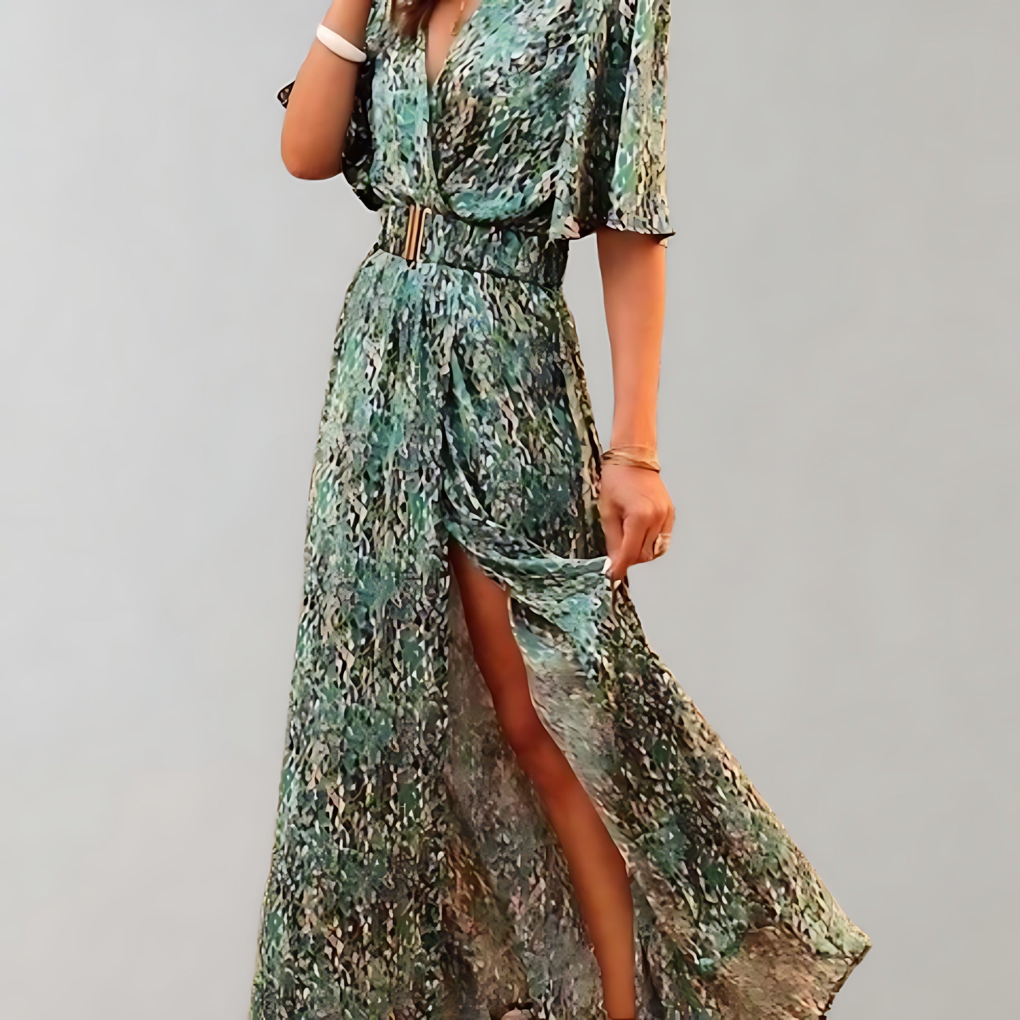 Noelle – Floral Print V Neck Wrap Slit Maxi Dress