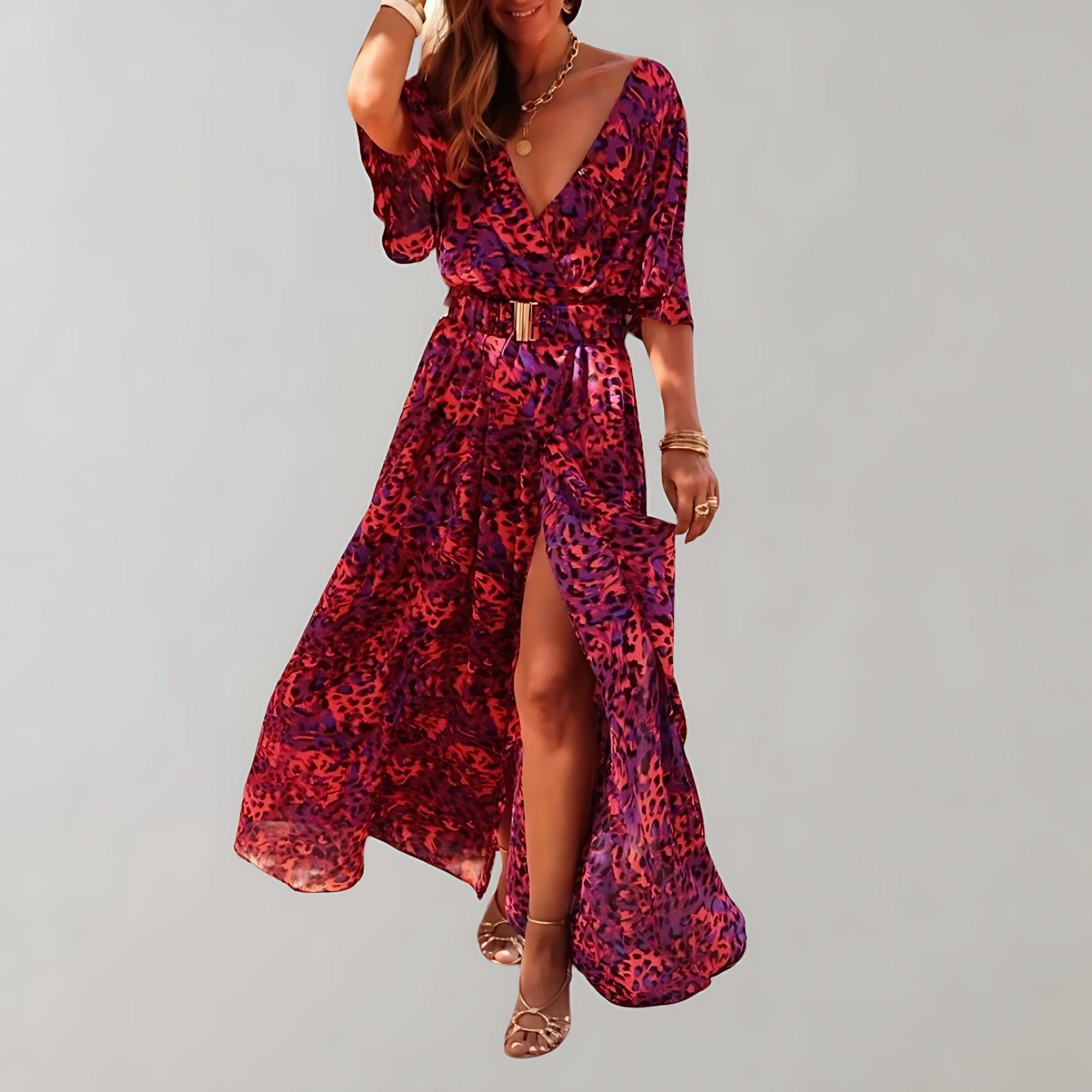 Noelle – Floral Print V Neck Wrap Slit Maxi Dress
