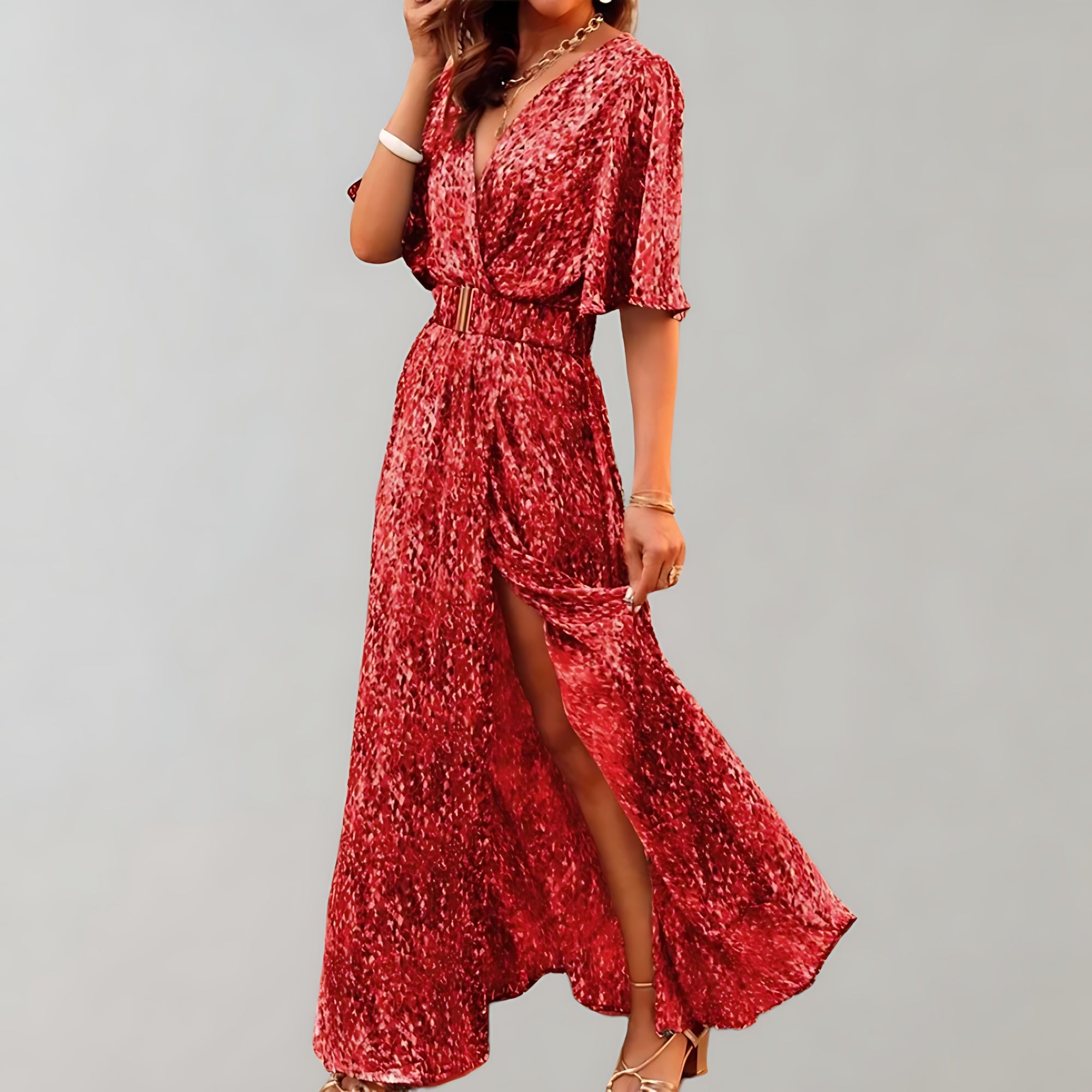 Noelle – Floral Print V Neck Wrap Slit Maxi Dress