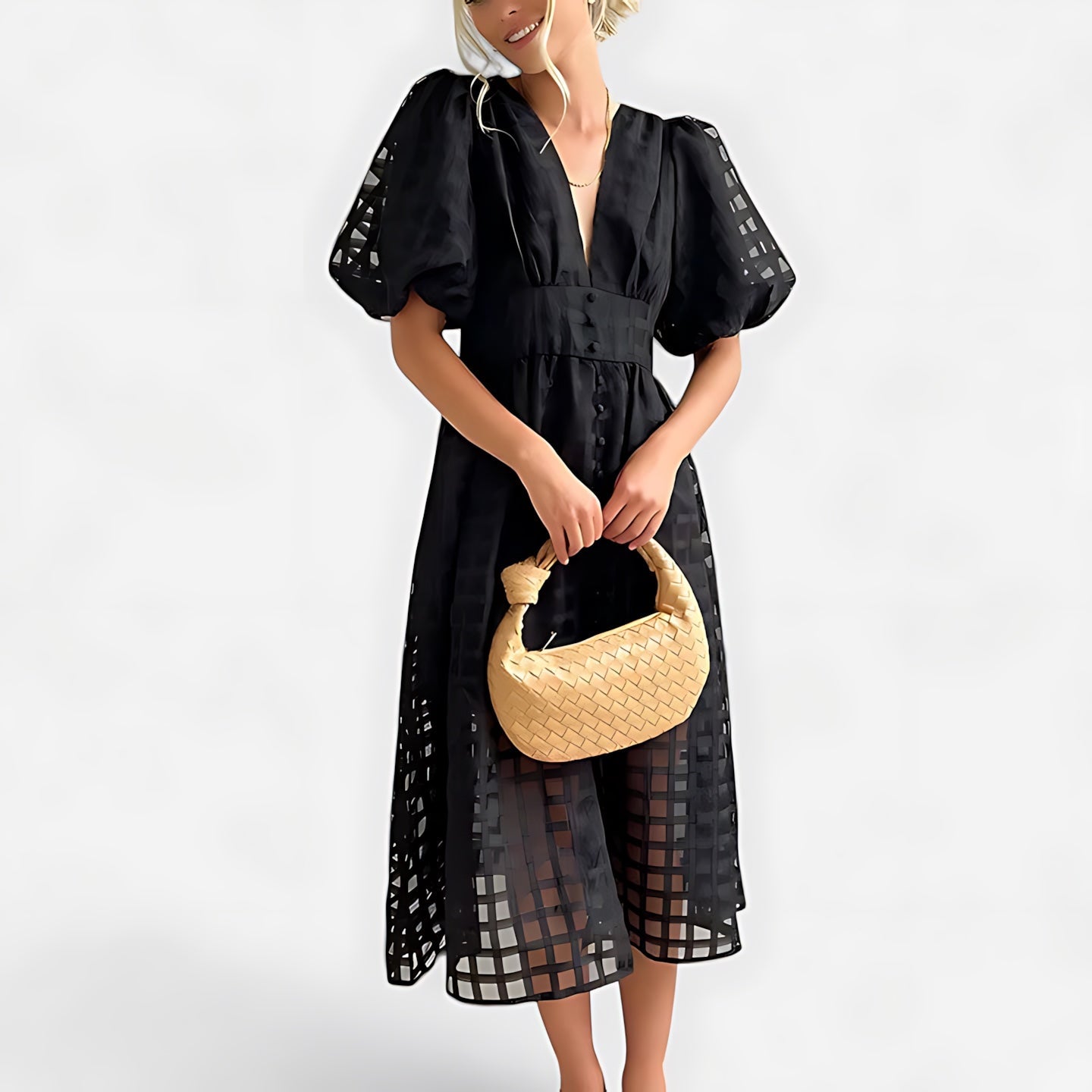 Noelle – Puff Sleeve V Neck Cocktail Midi Dress