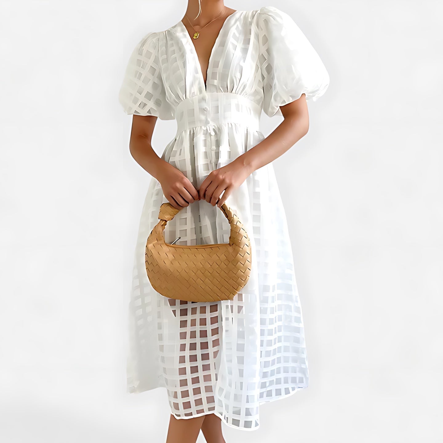Noelle – Puff Sleeve V Neck Cocktail Midi Dress