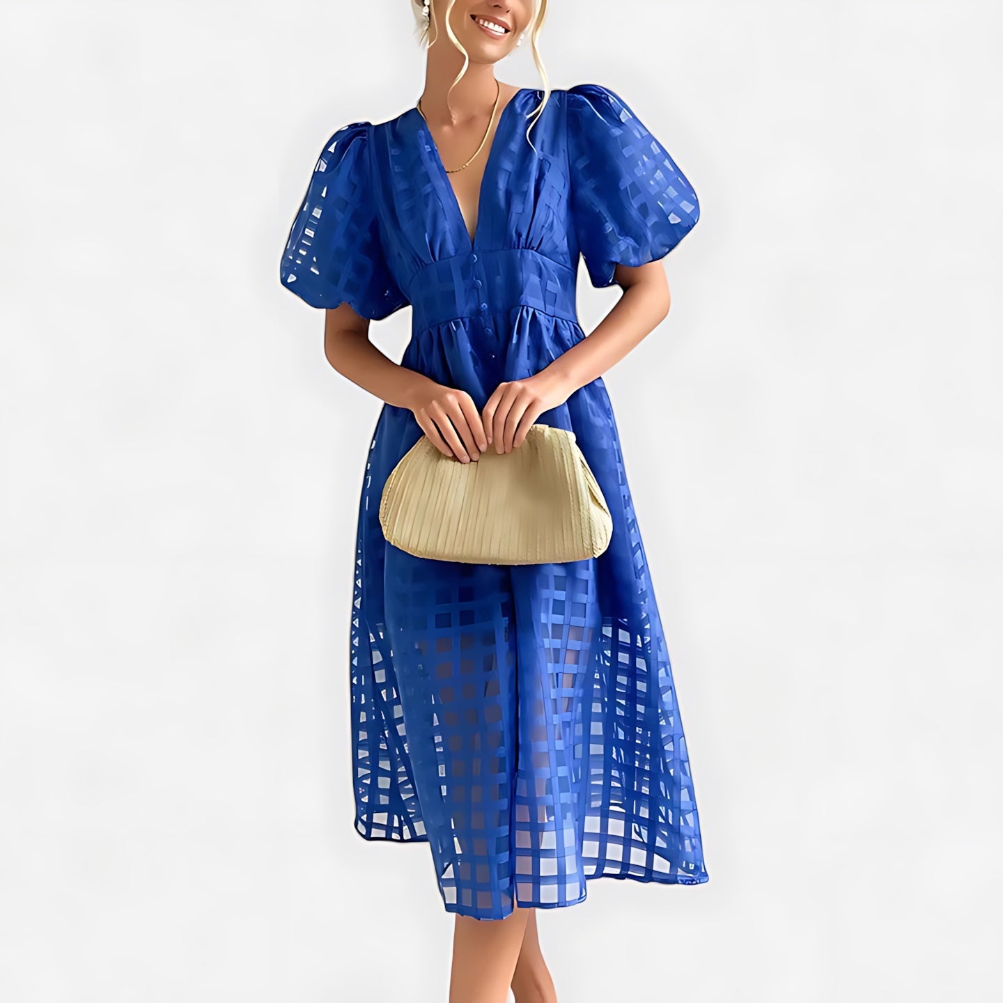 Noelle – Puff Sleeve V Neck Cocktail Midi Dress