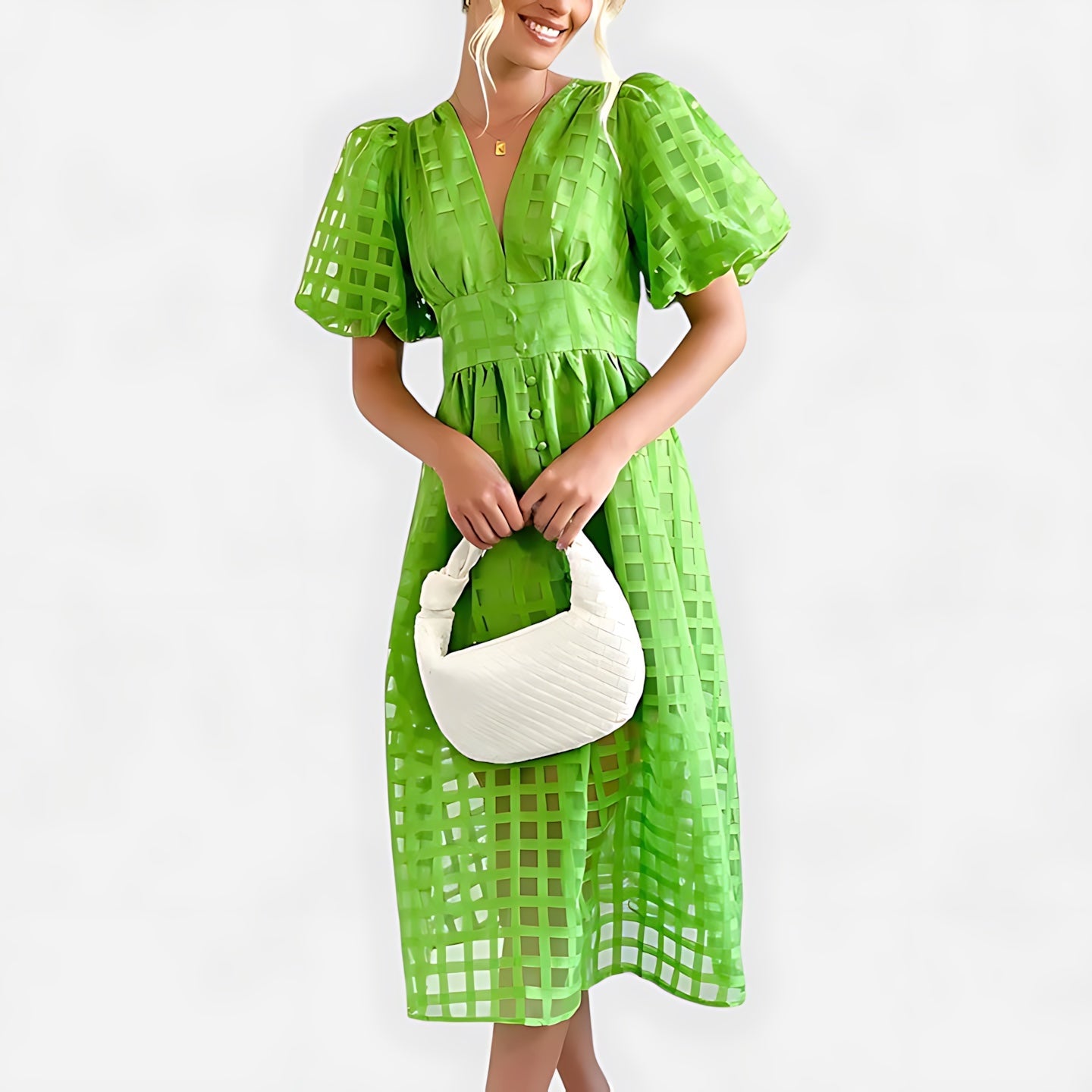 Noelle – Puff Sleeve V Neck Cocktail Midi Dress